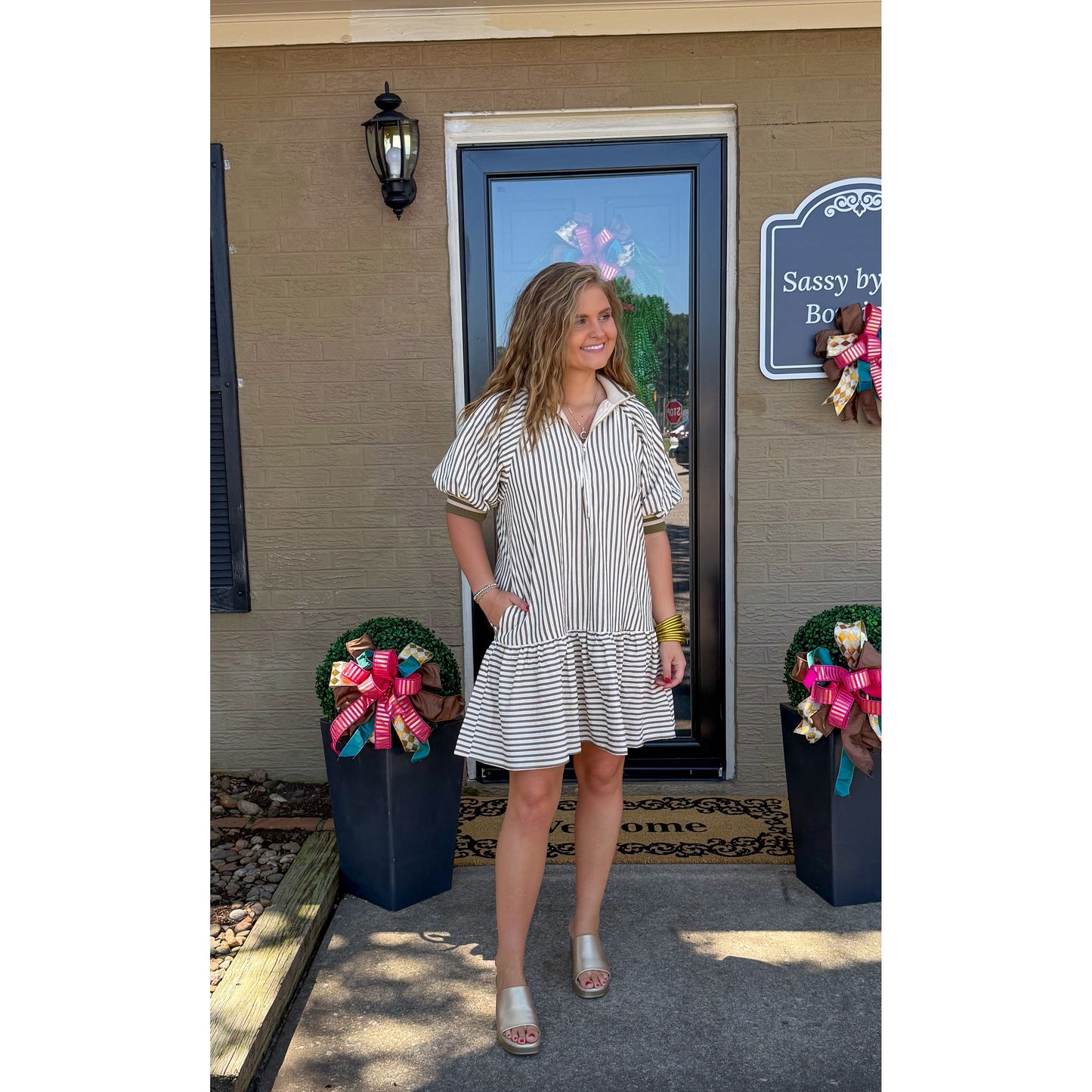 Haley Stripe Mini Dress, Cream/Olive