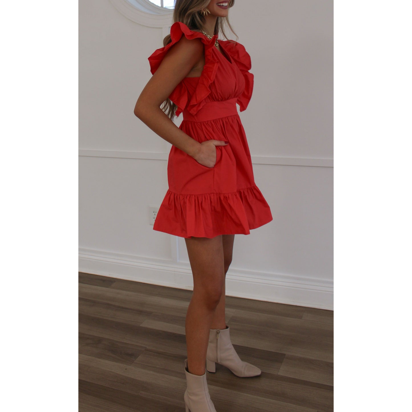 Mae Ruffle Mini Dress, Red