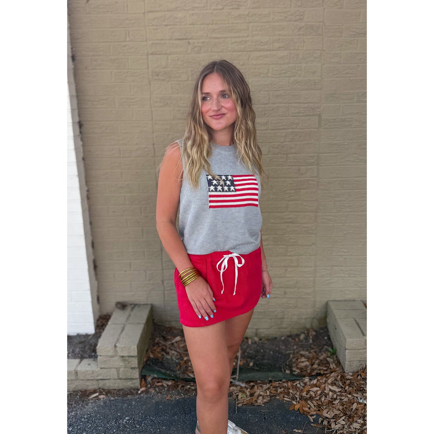 American Flag Sleeveless Sweater, Heather Gray