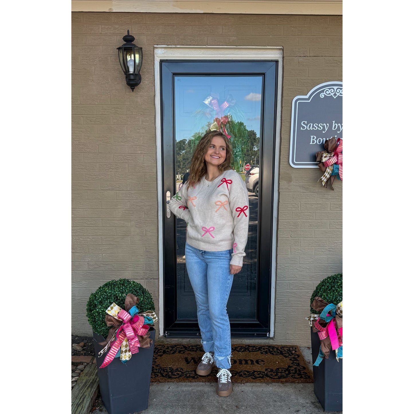 Multi-Color Bow Sweater, Taupe Multi