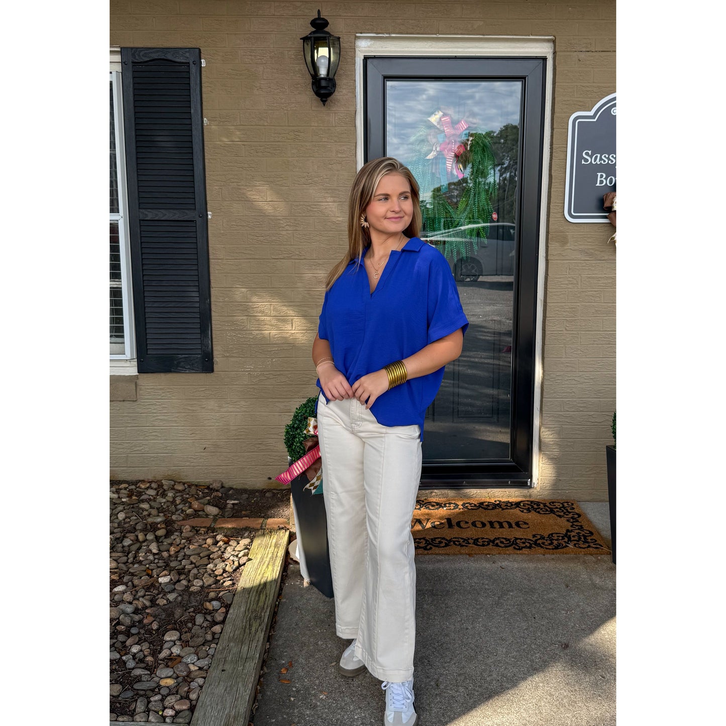 Julianna V-Neck/Collar Top, Royal Blue