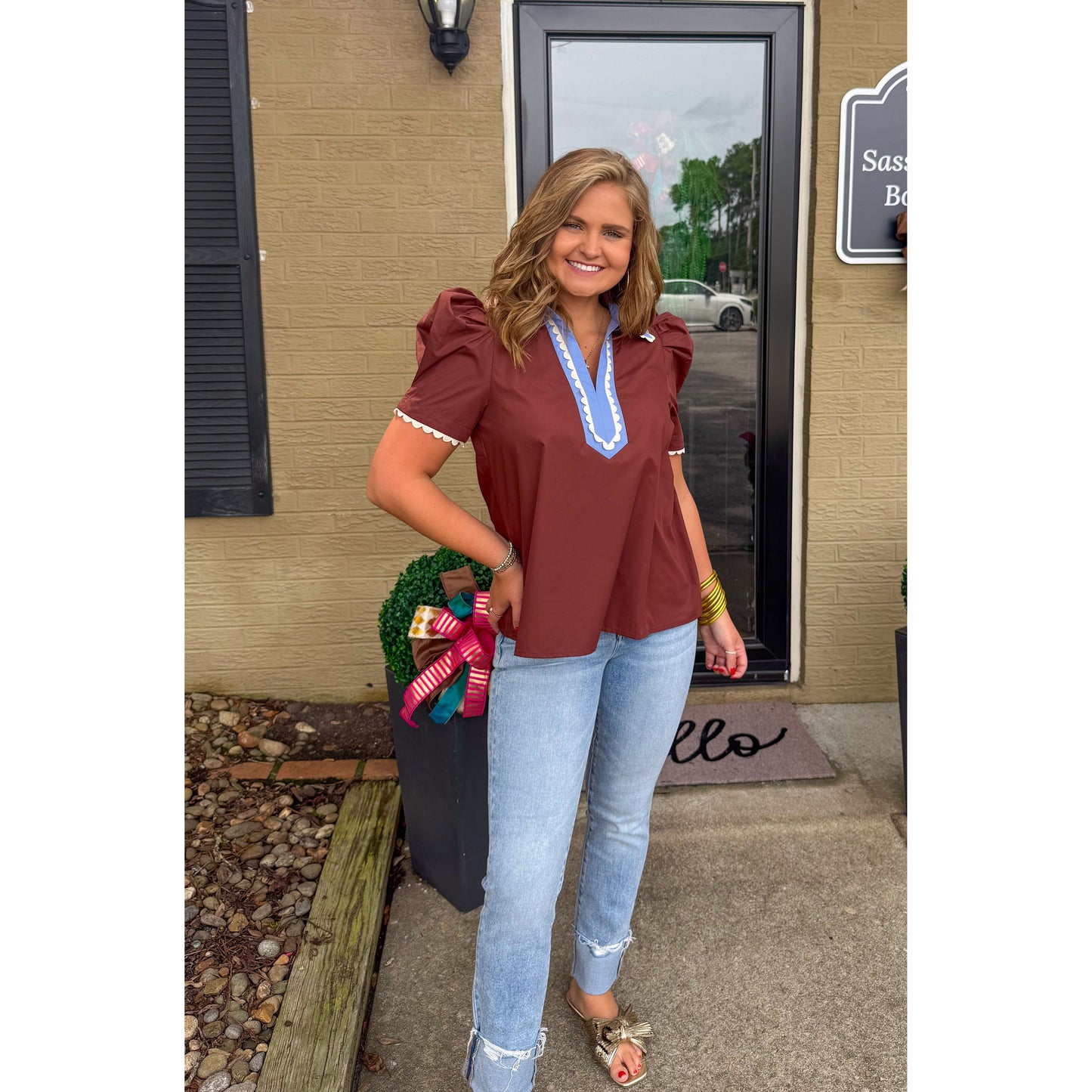 Elena Blouse, Chocolate/Light Blue
