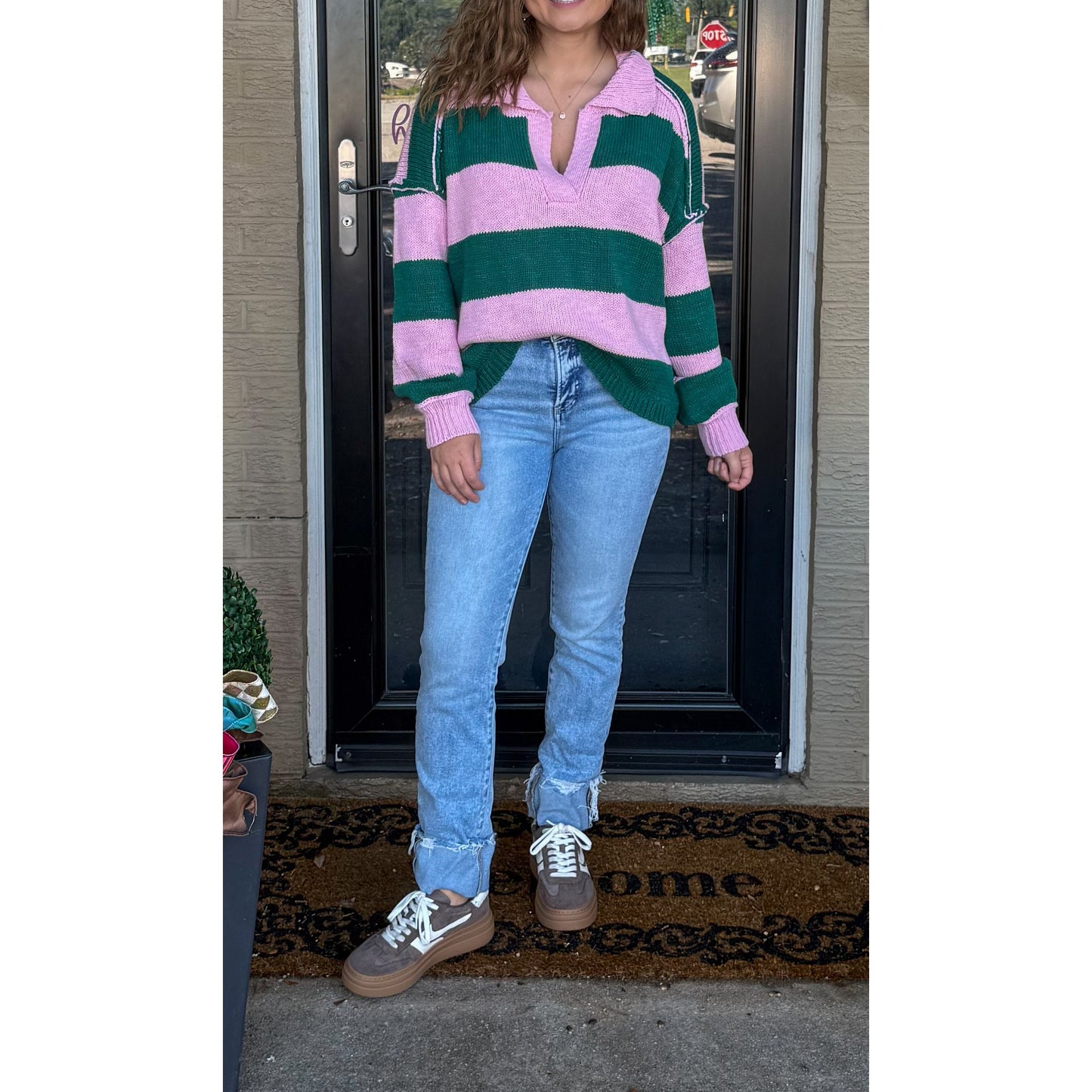 Hunter Stripe Sweater, Pink/Kelly Green