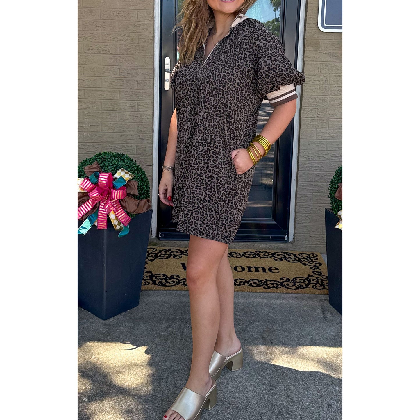 Leopard Mini Dress, Espresso/Black