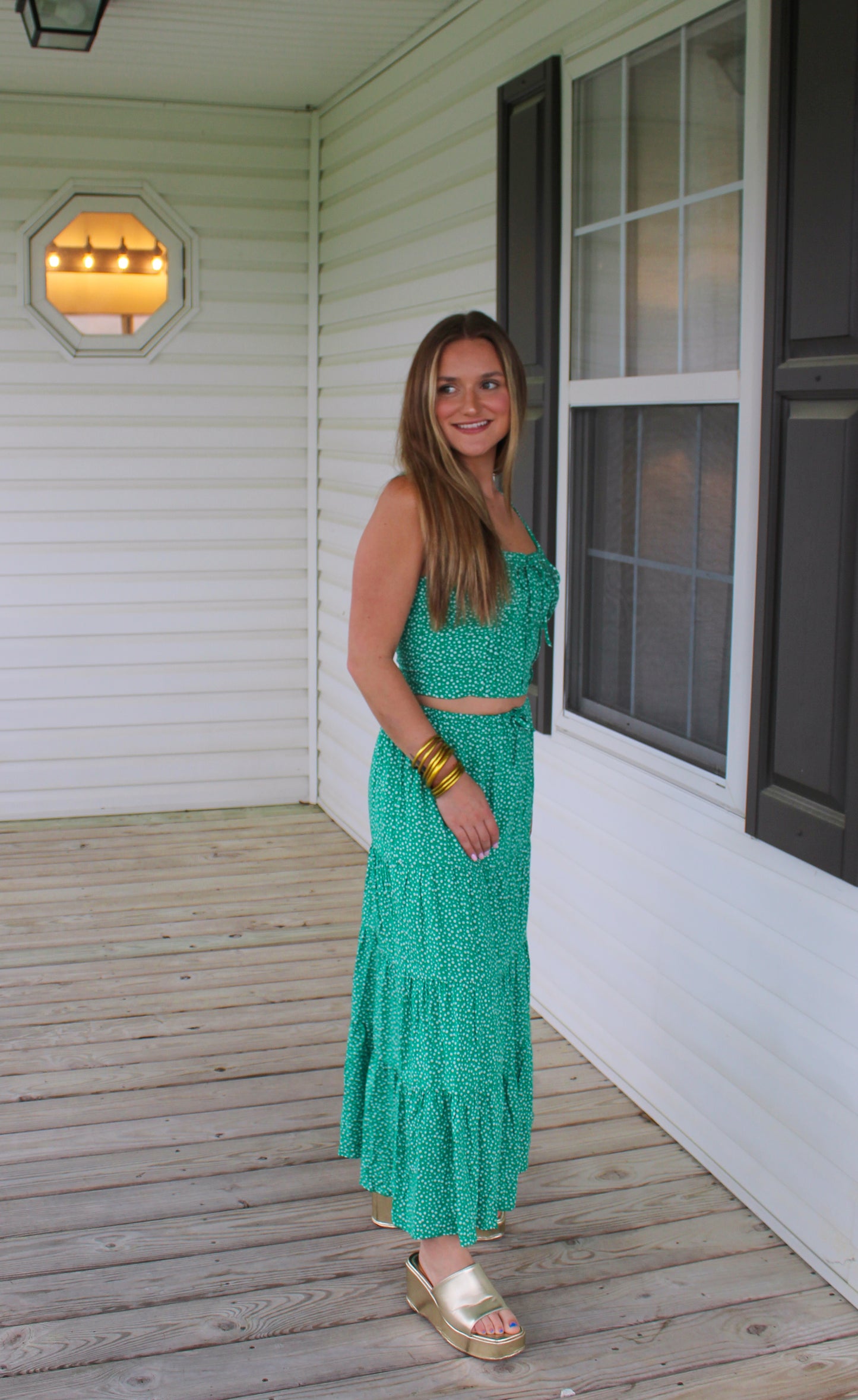 Kayla Floral Two Piece Set, Kelly Green/White