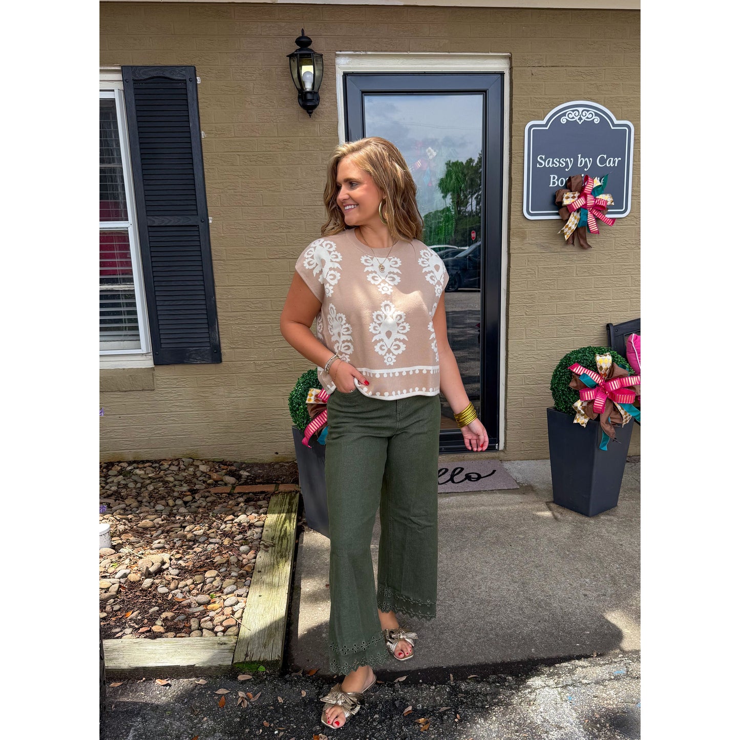 Darby Pattern Knit Top, Ivory/Taupe