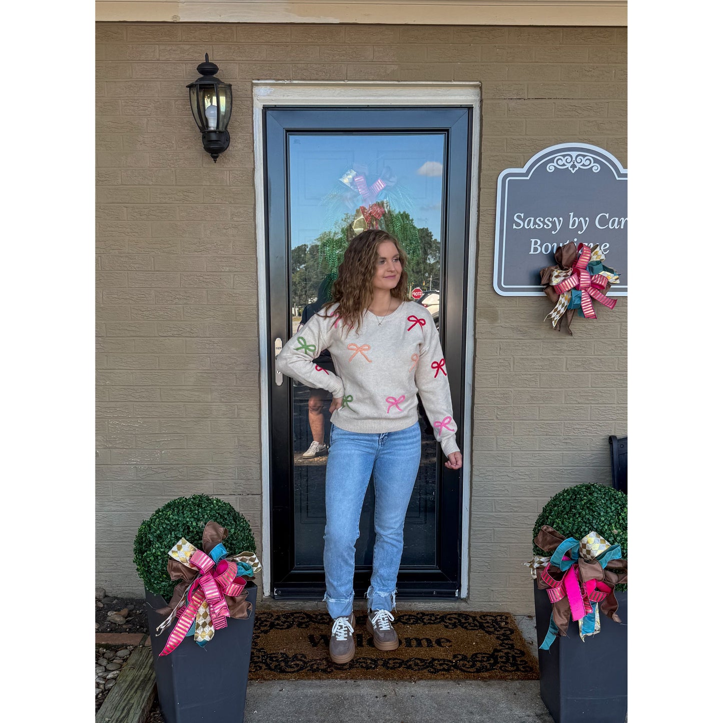 Multi-Color Bow Sweater, Taupe Multi