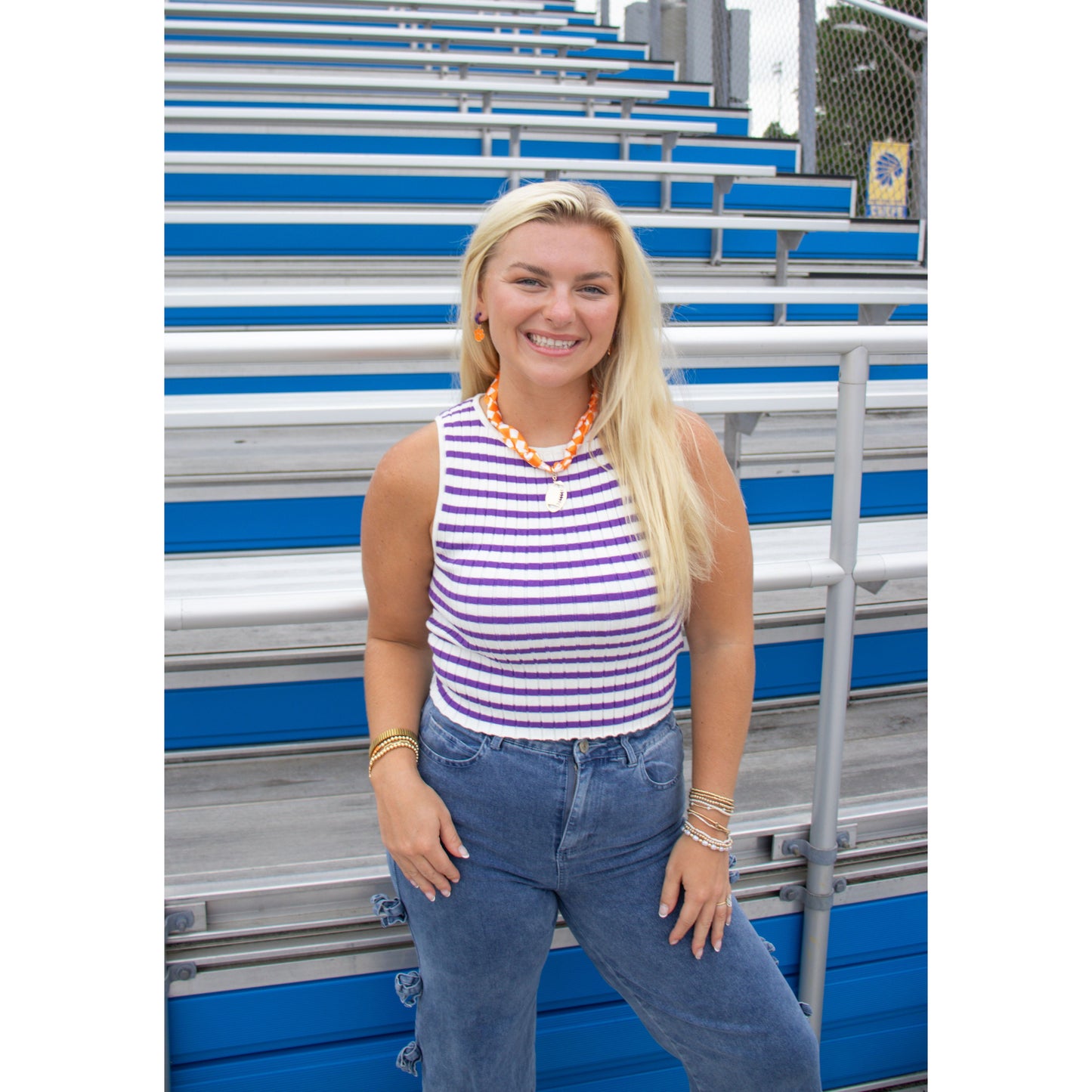 Collins Stripe Top, White/Purple