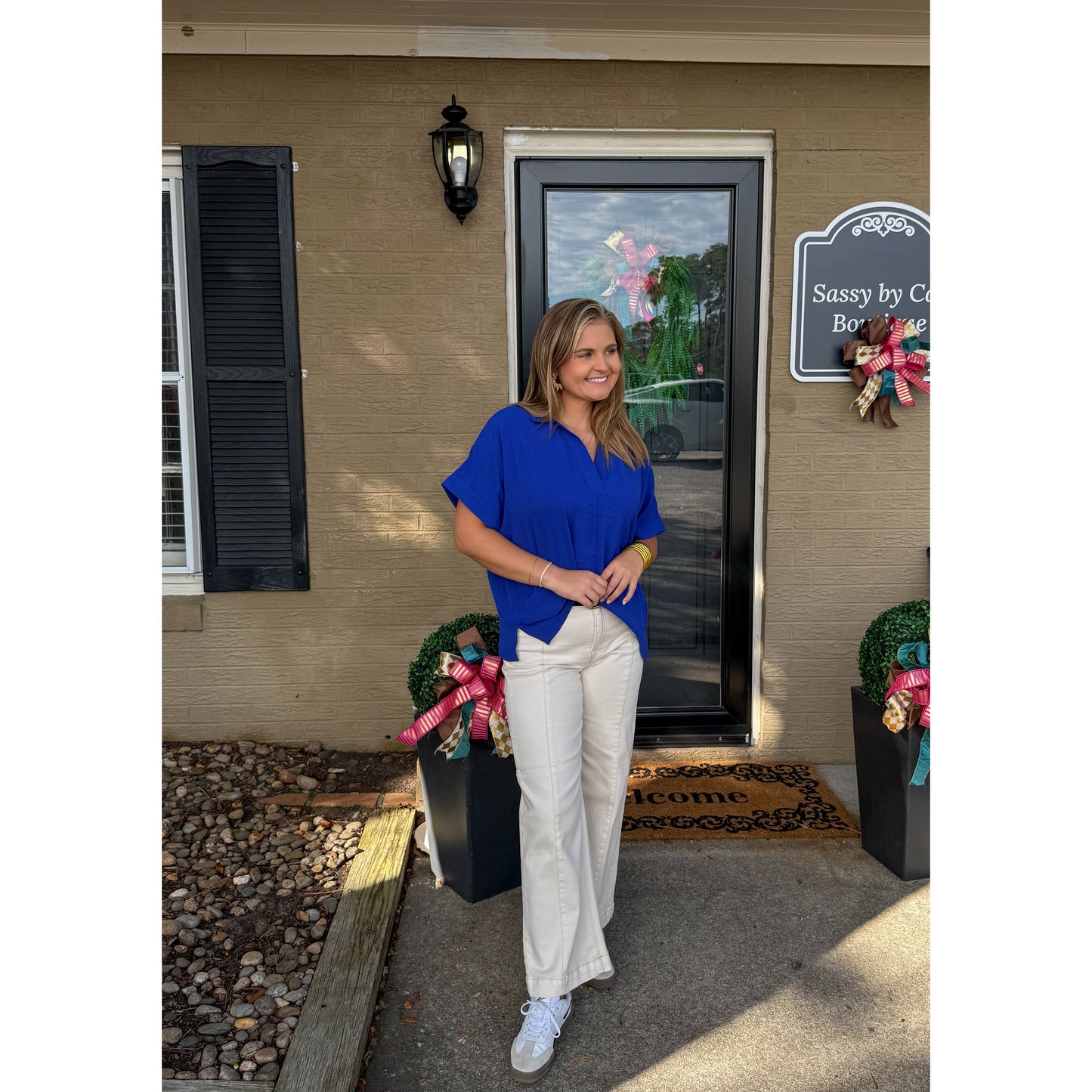 Julianna V-Neck/Collar Top, Royal Blue