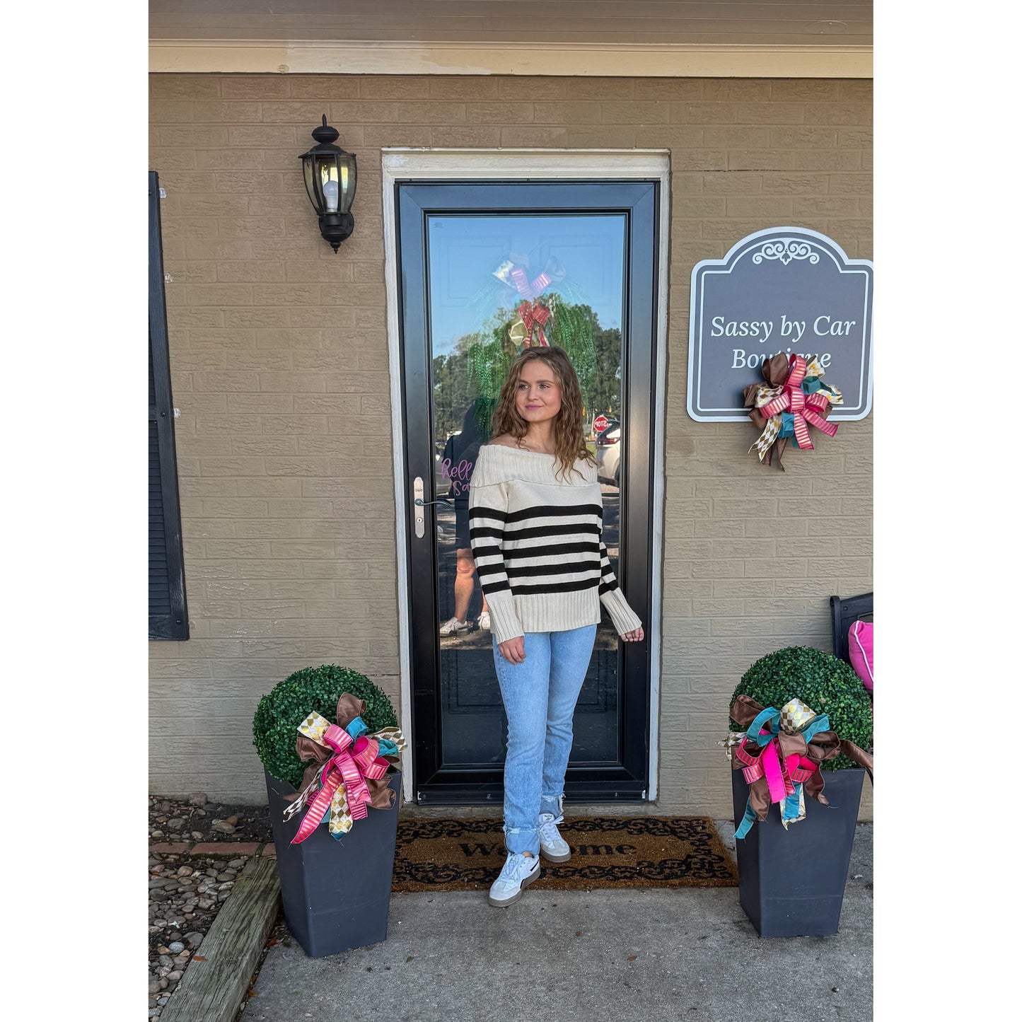 Raelyn Stripe OTS Sweater, Ivory/Black