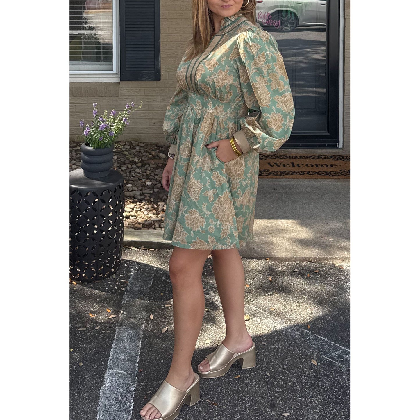 Jordyn Mini Dress, Gold/Sage Green