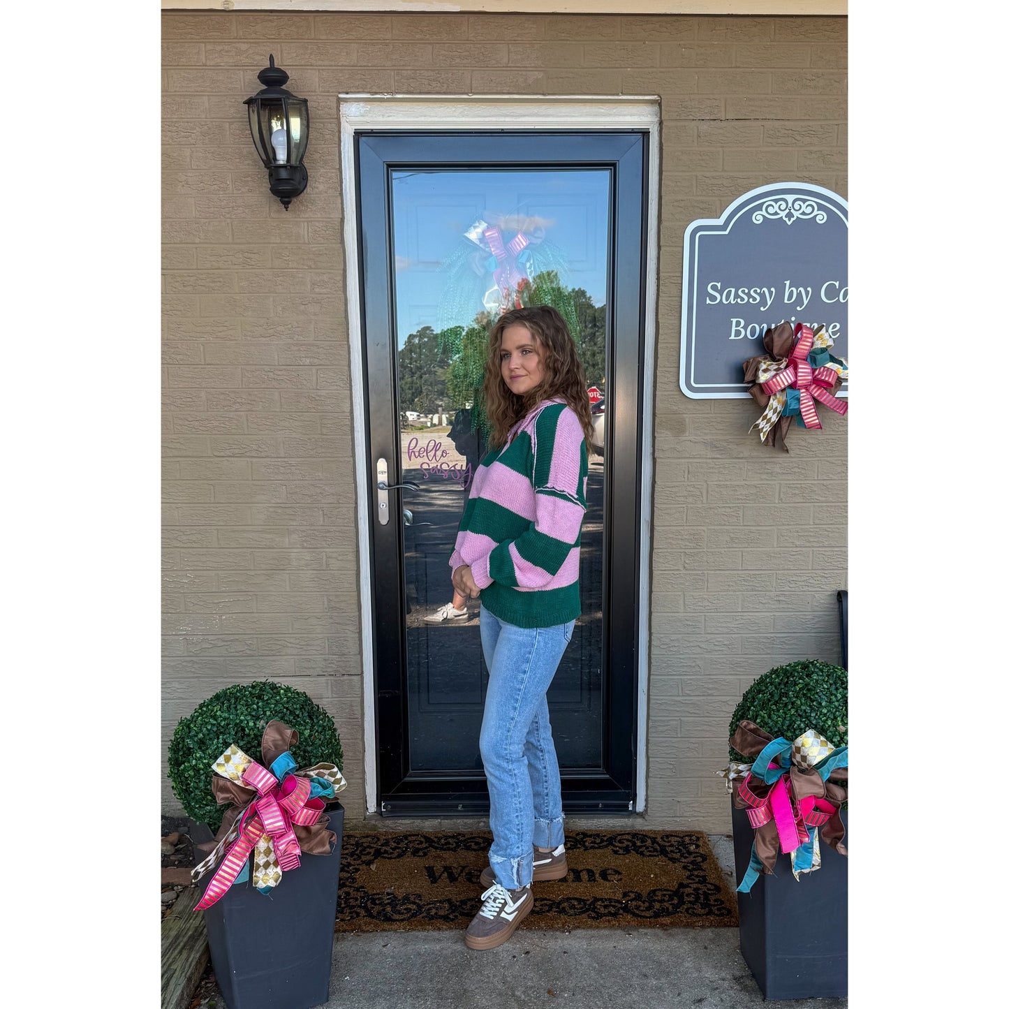 Hunter Stripe Sweater, Pink/Kelly Green