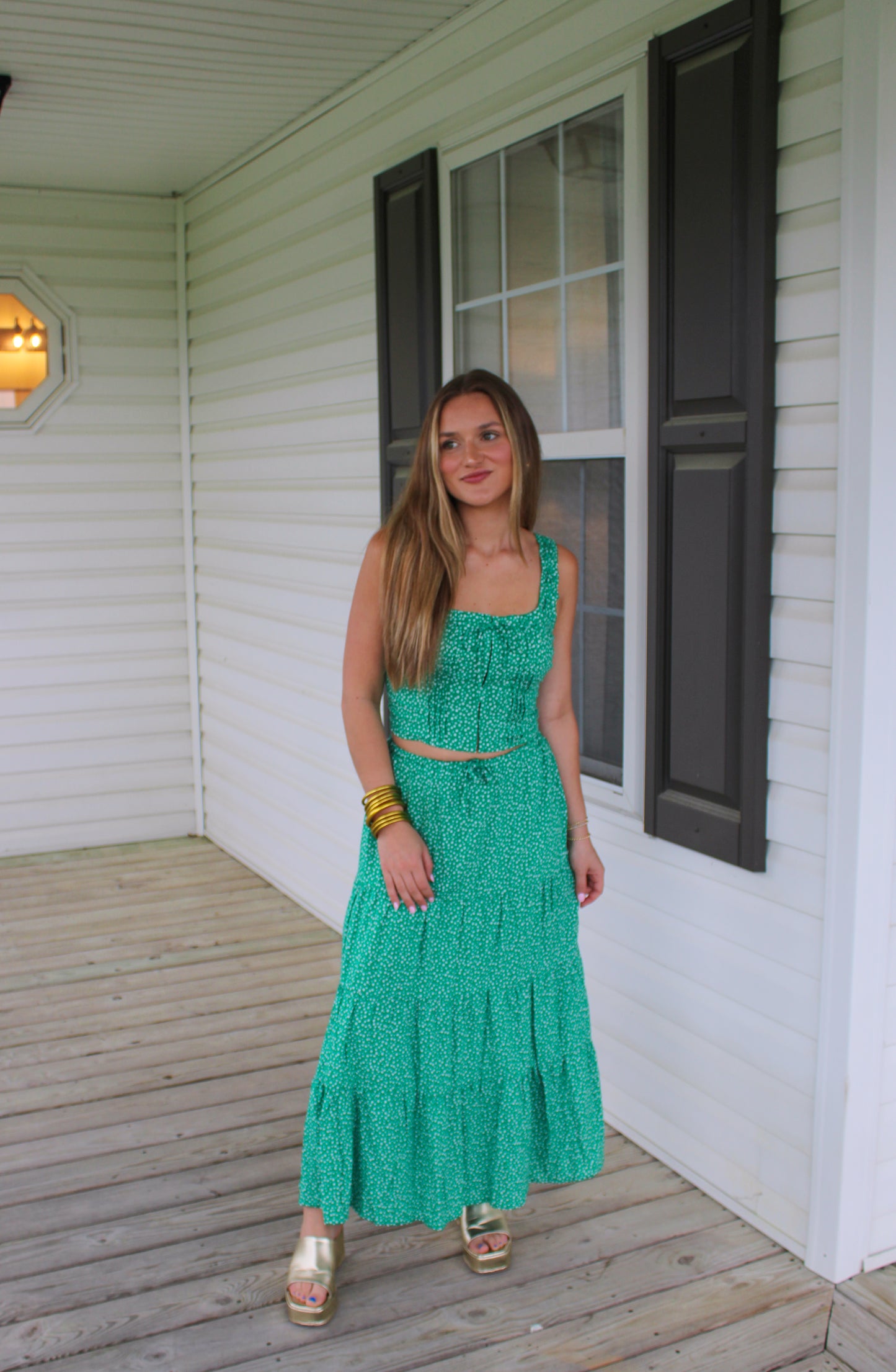 Kayla Floral Two Piece Set, Kelly Green/White