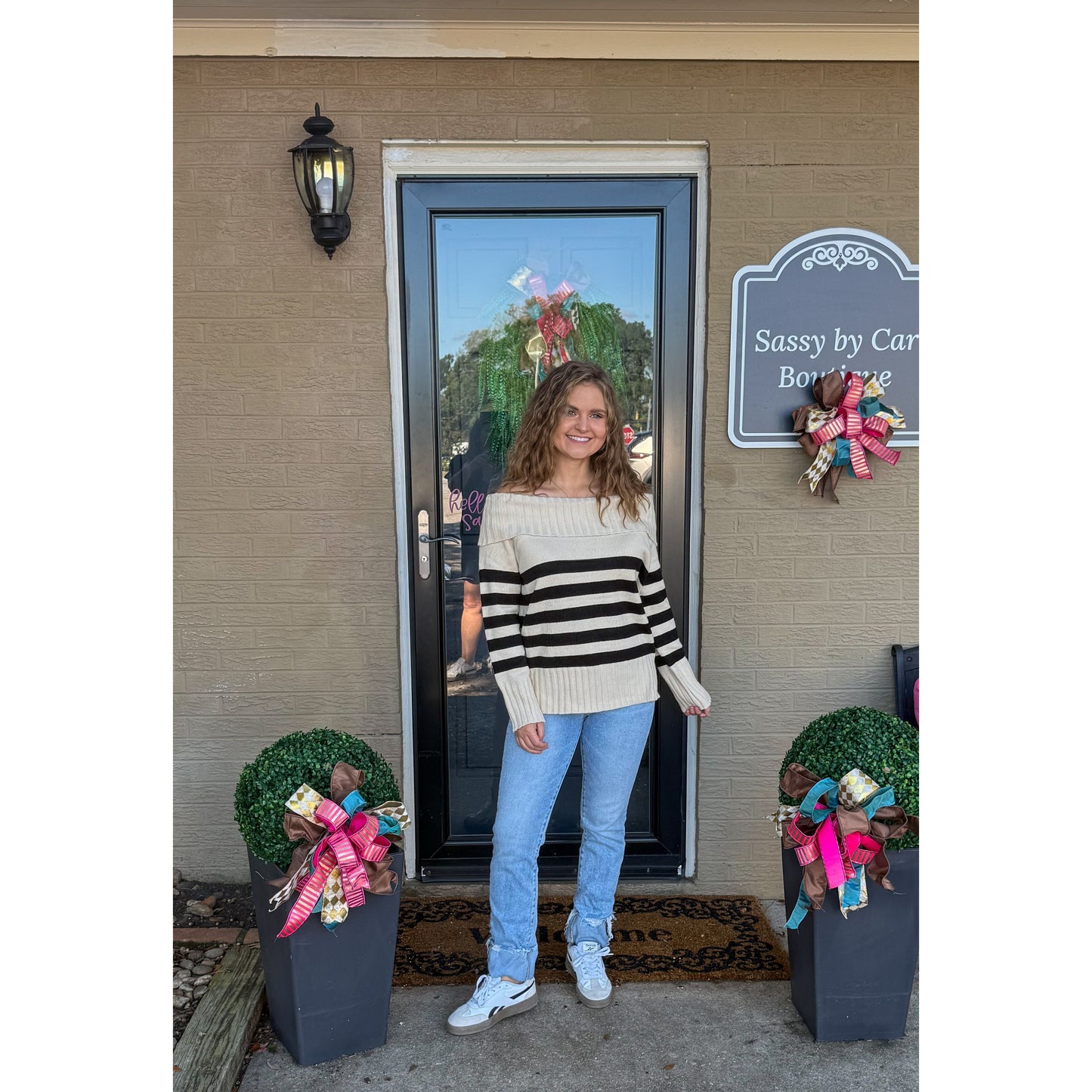 Raelyn Stripe OTS Sweater, Ivory/Black