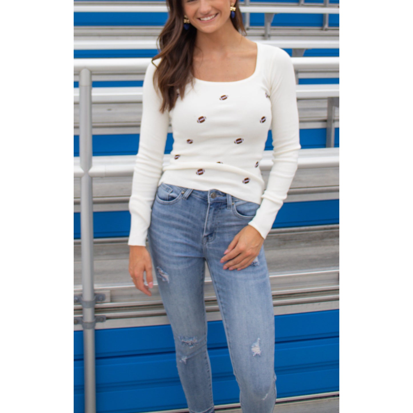 Sweater Knit Top w/ Footballs, Ivory
