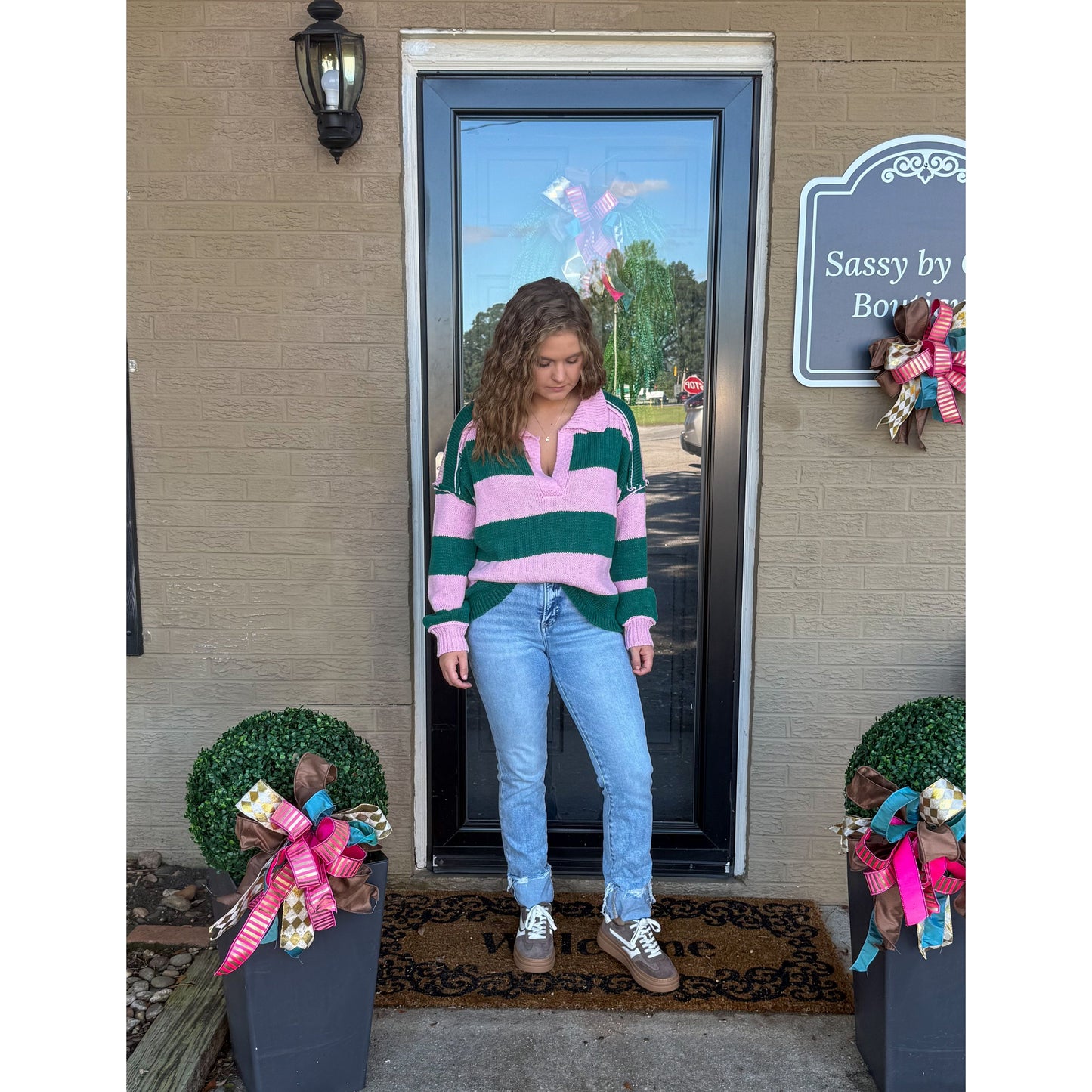 Hunter Stripe Sweater, Pink/Kelly Green