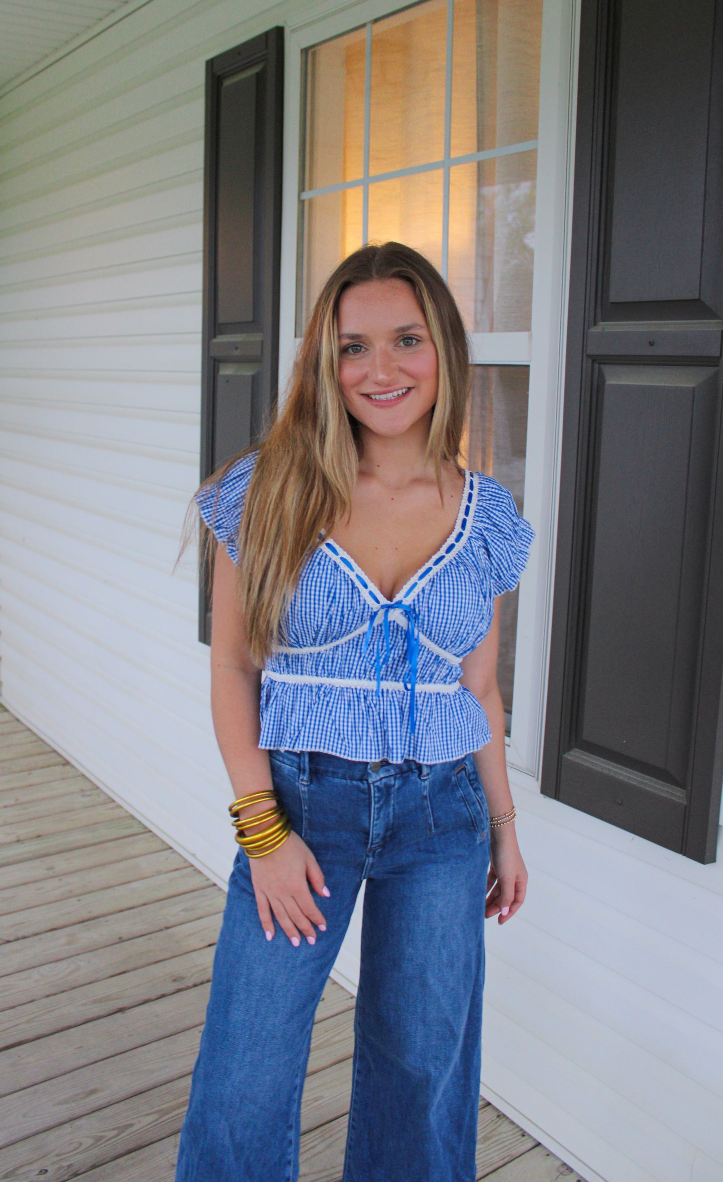 Hattie Gingham Top, Royal Blue/White