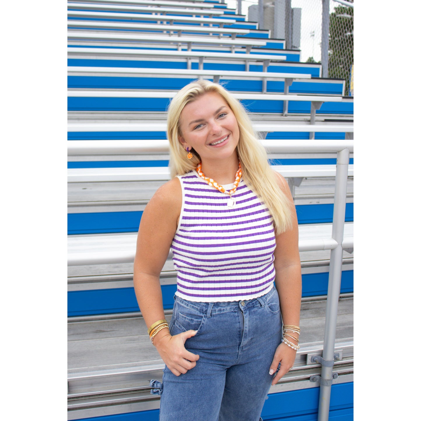 Collins Stripe Top, White/Purple