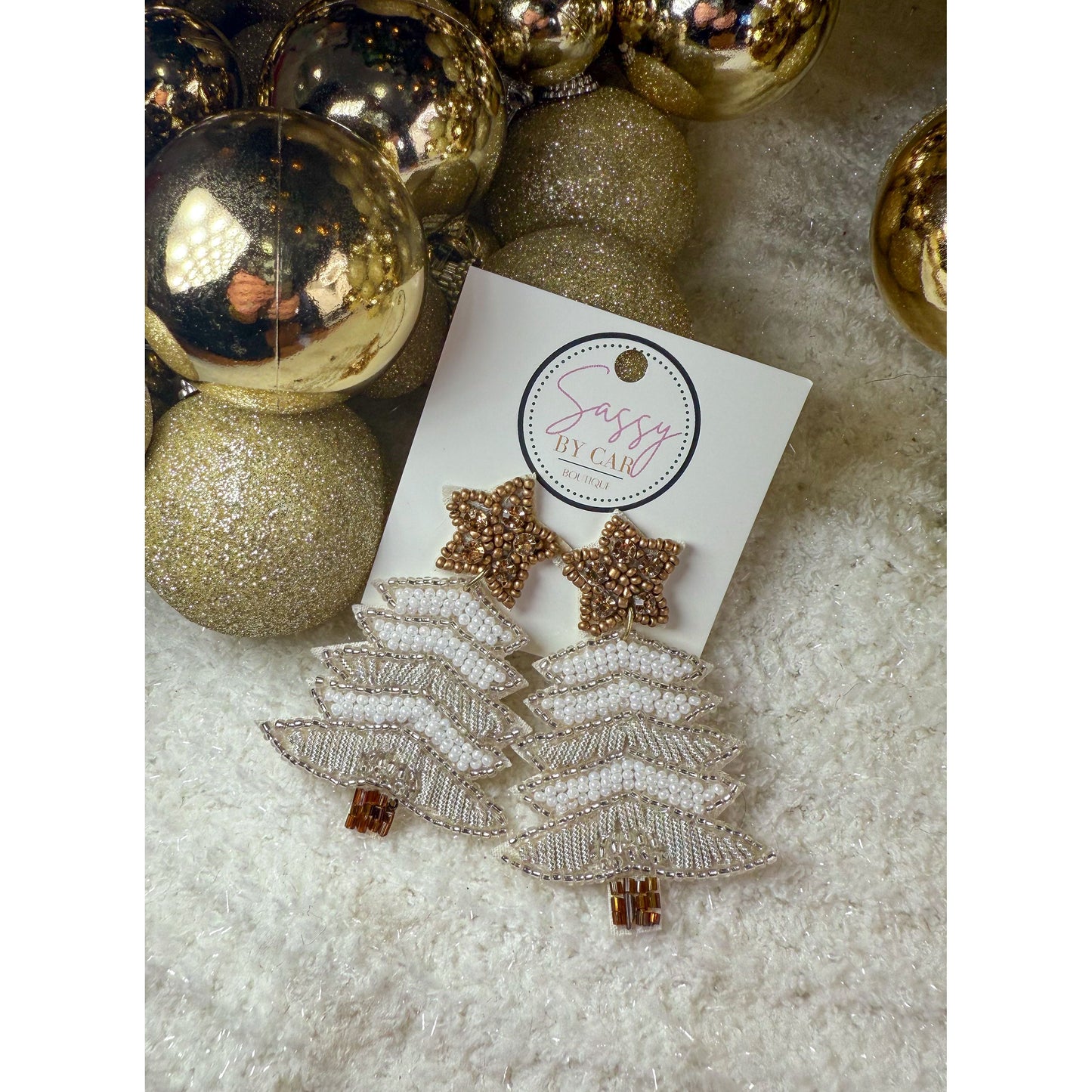 White Beaded Christmas Tree Earrings