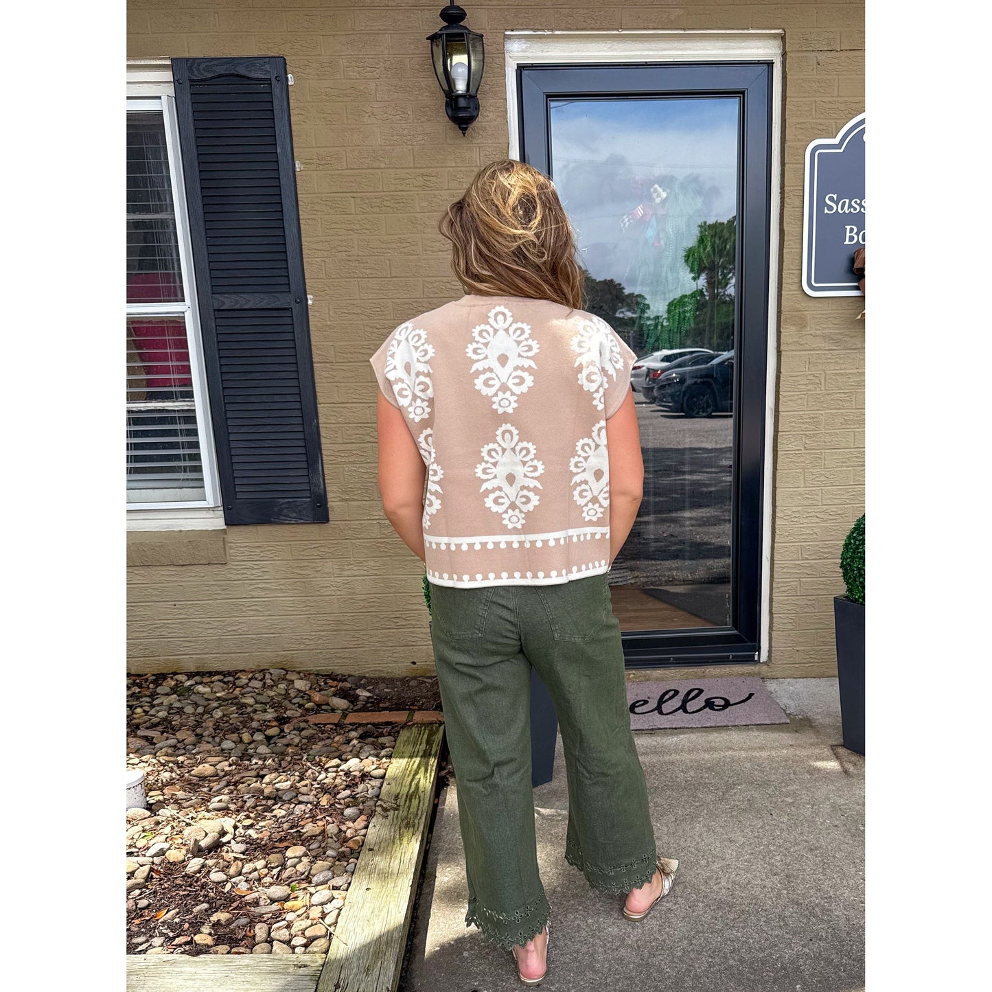 Darby Pattern Knit Top, Ivory/Taupe
