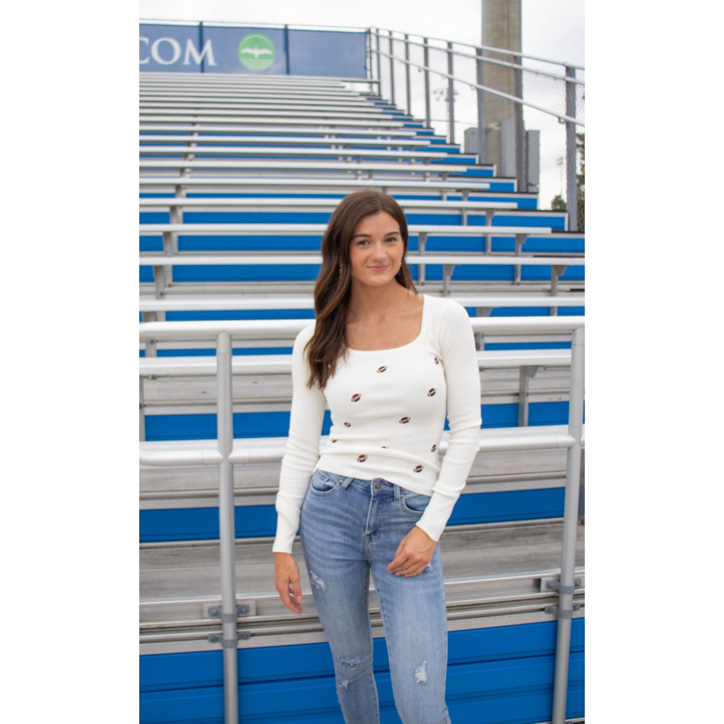 Sweater Knit Top w/ Footballs, Ivory