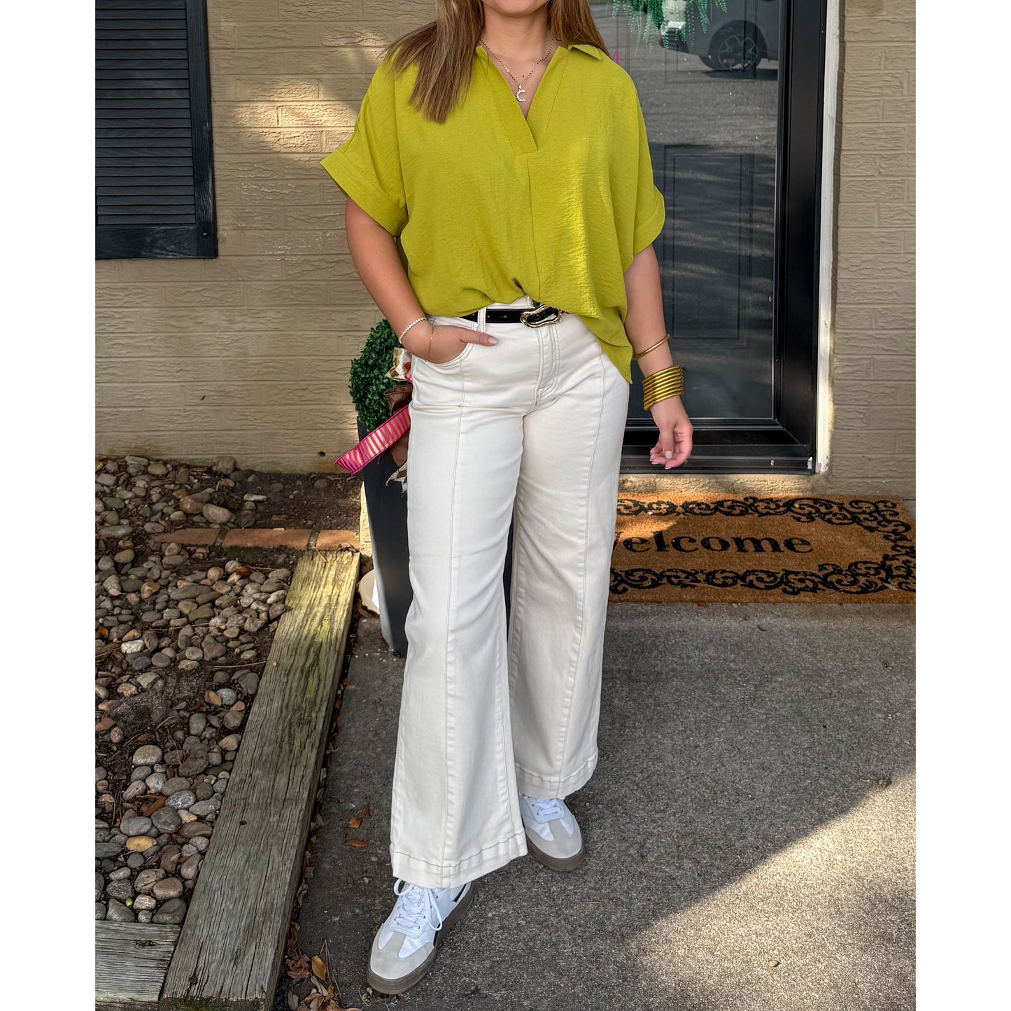 Julianna V-Neck/Collar Top, Chartreuse
