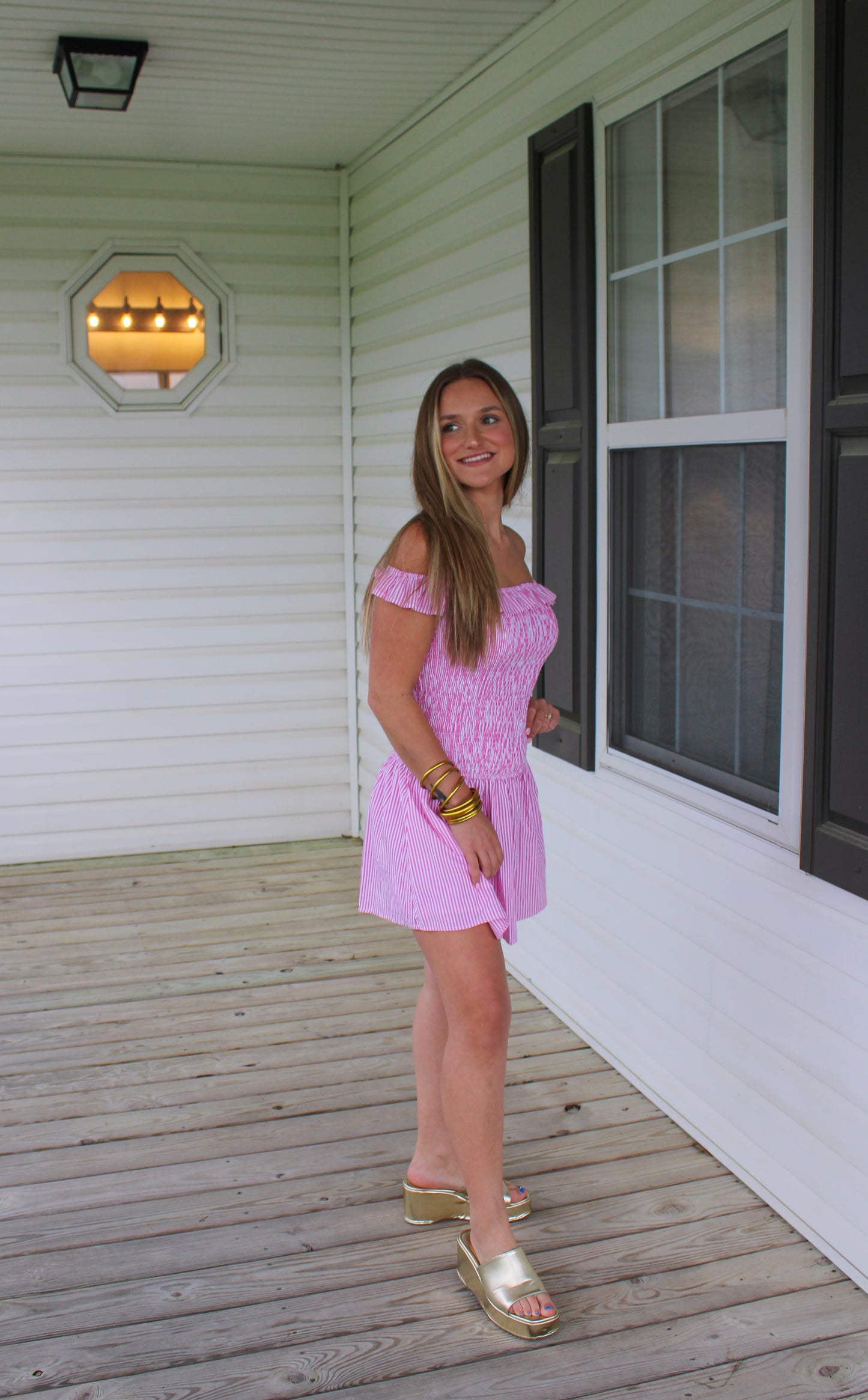 Rory Stripe Mini Dress, White/Pink