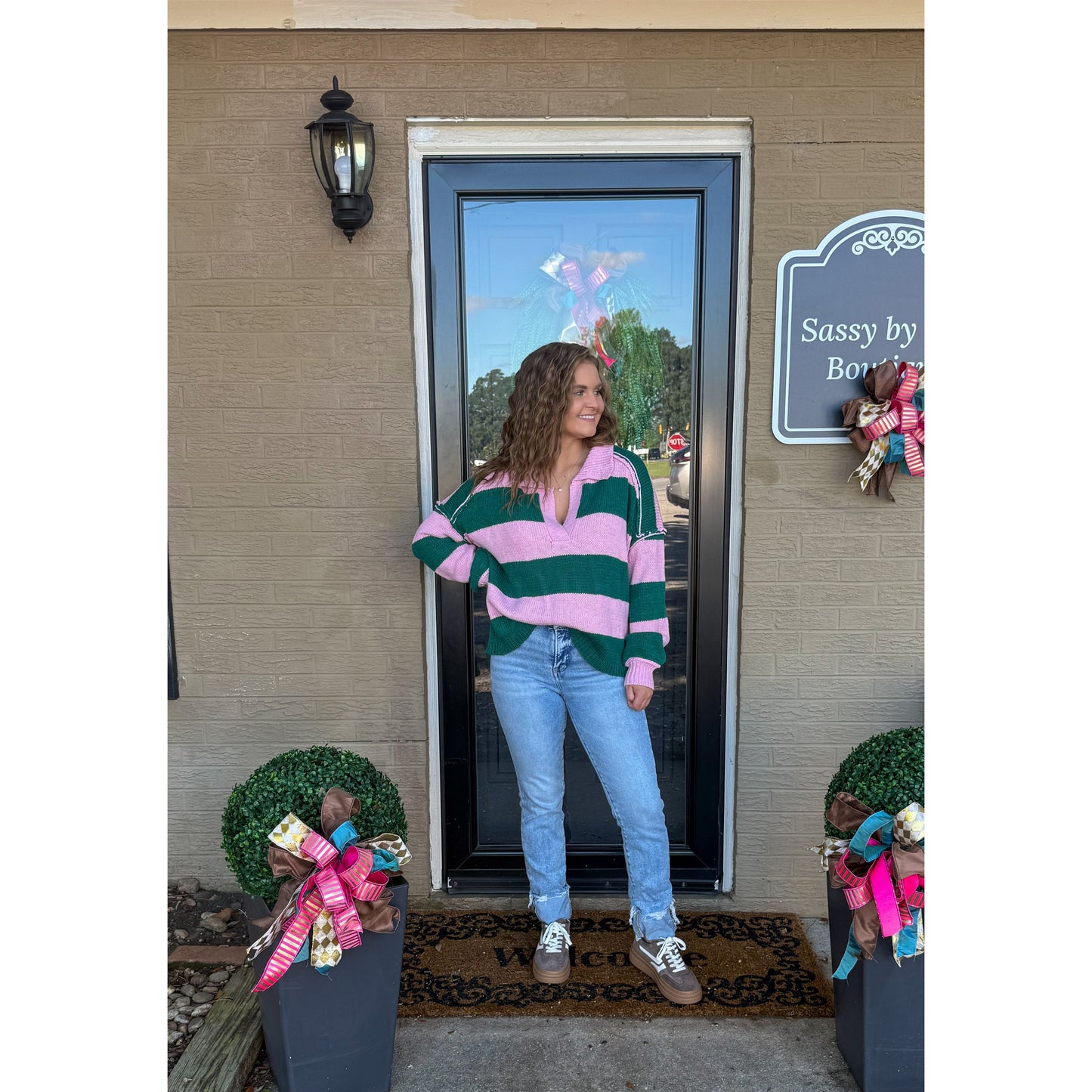 Hunter Stripe Sweater, Pink/Kelly Green
