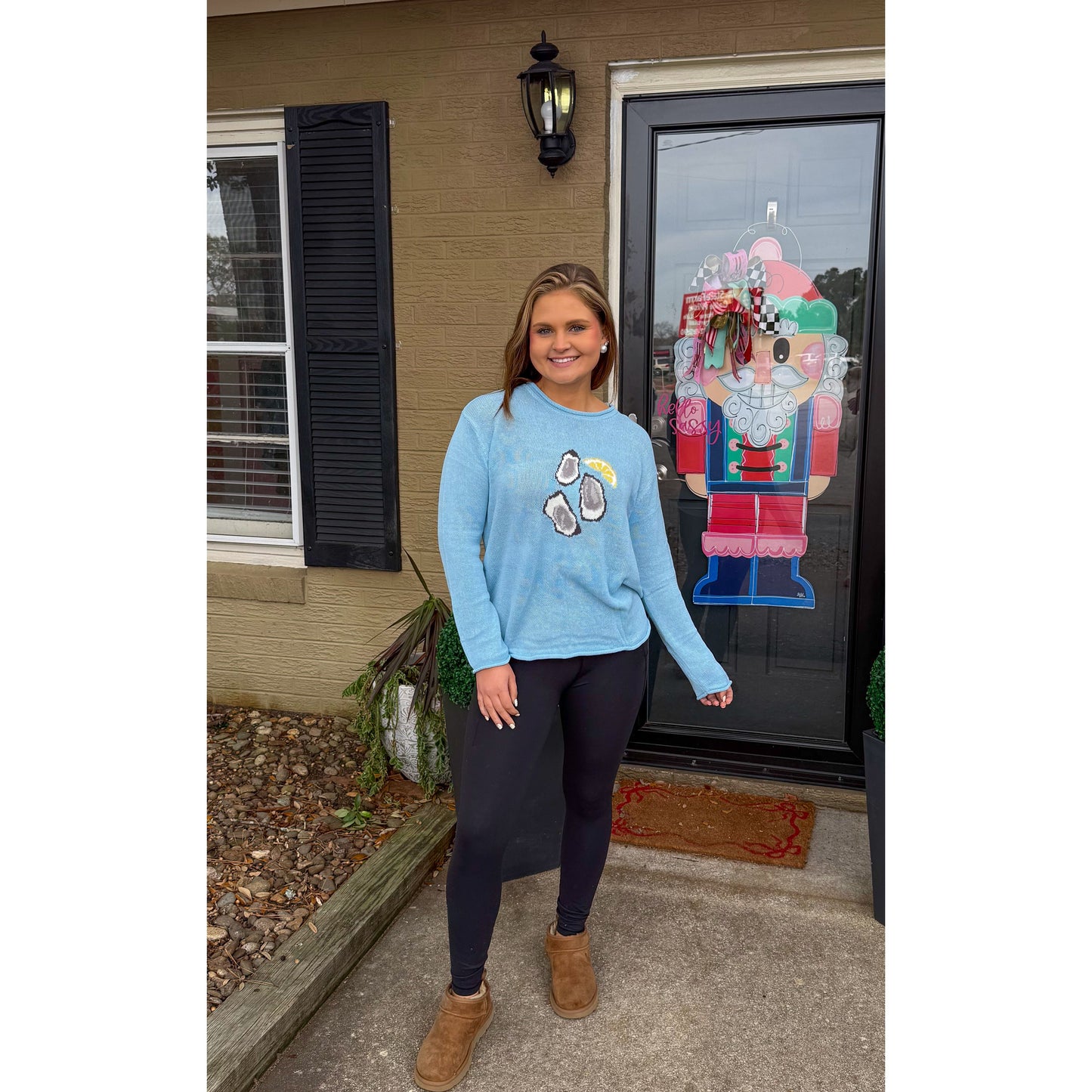 Oyster Graphic Knit Sweater, Sky Blue