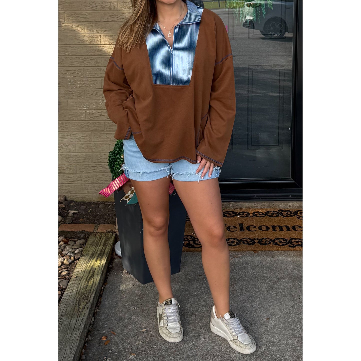 Amy French Terry Sweatshirt, Chocolate/Denim