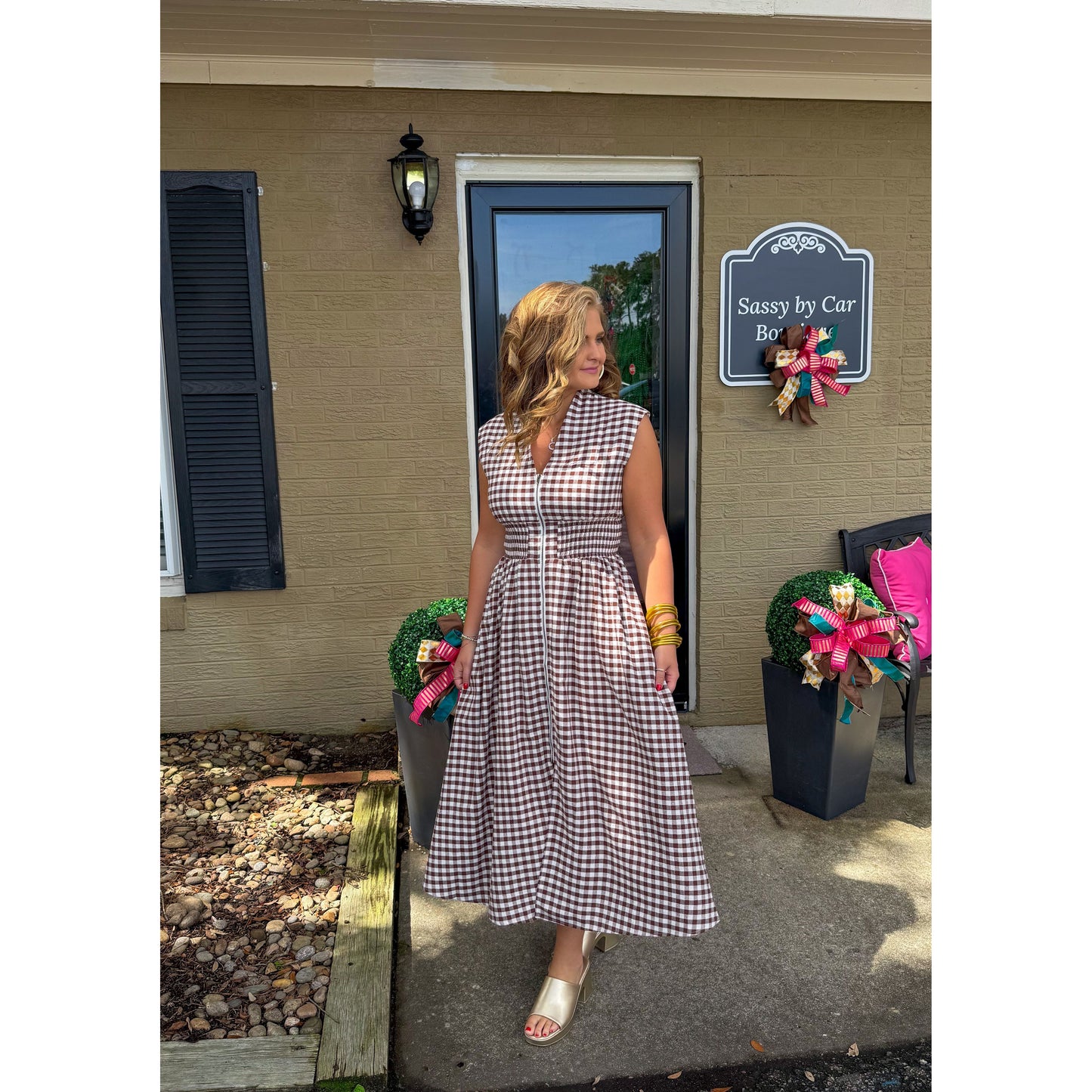 Gingham Detail Midi Dress, Chocolate/White