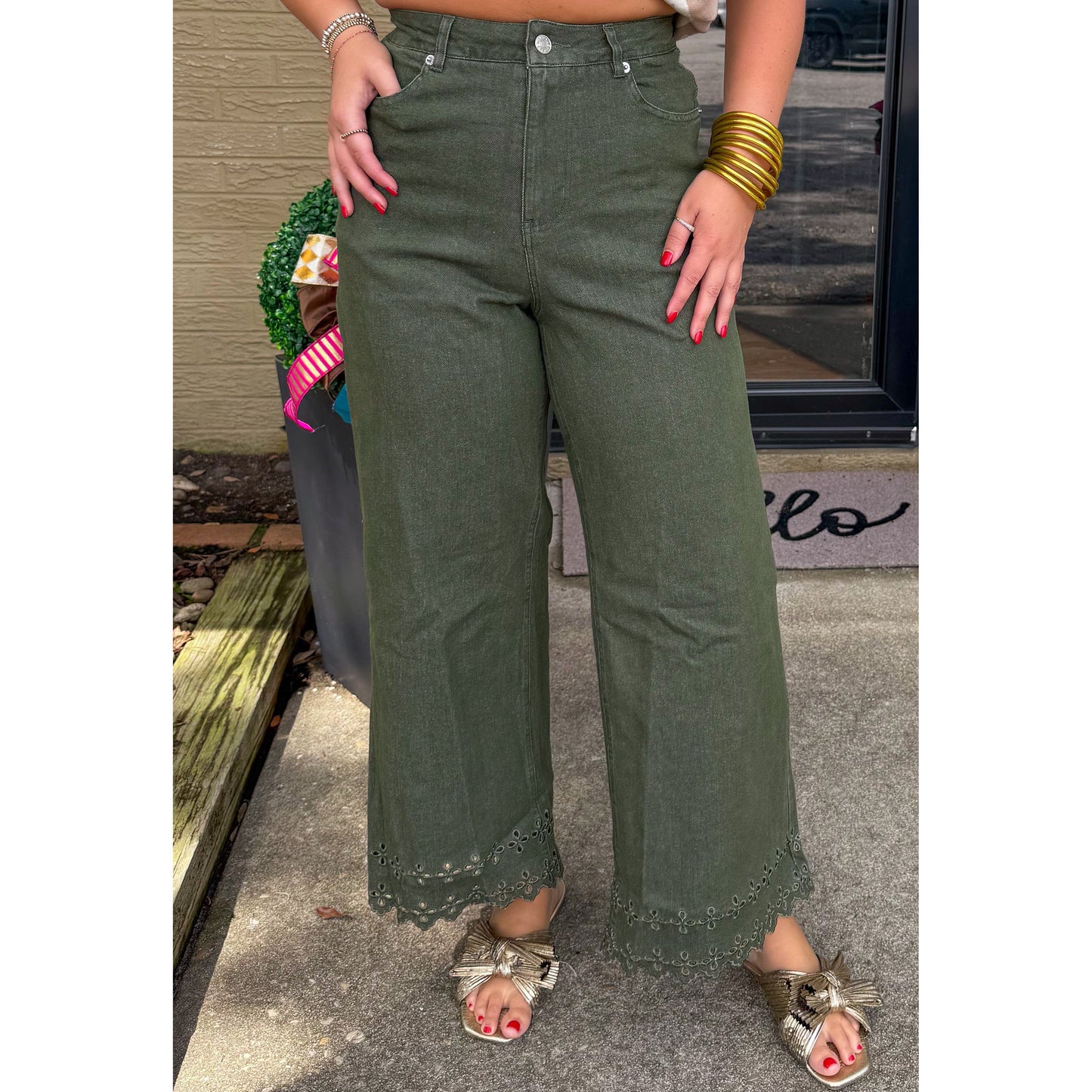Eyelet Lace Denim Jeans, Olive Green