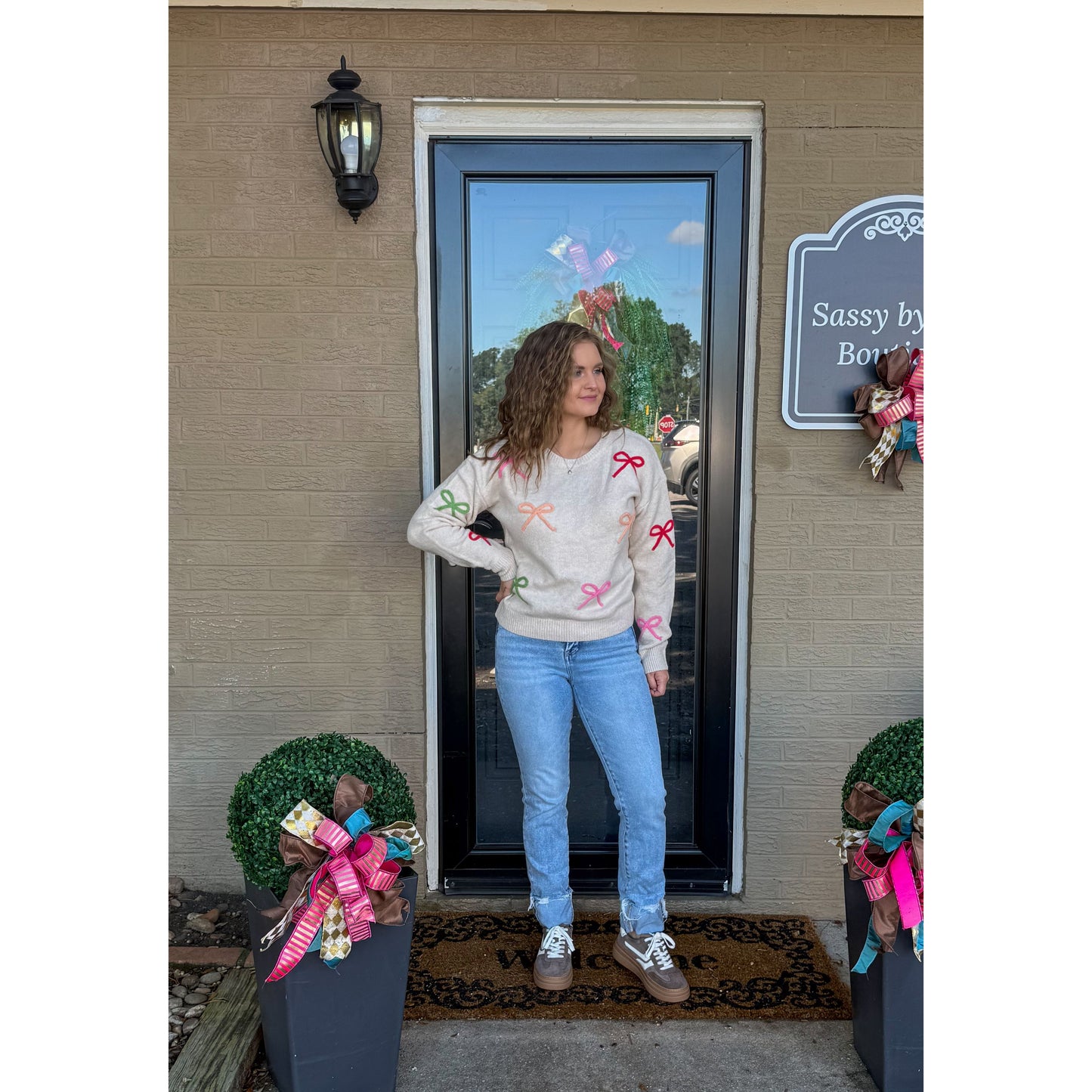 Multi-Color Bow Sweater, Taupe Multi