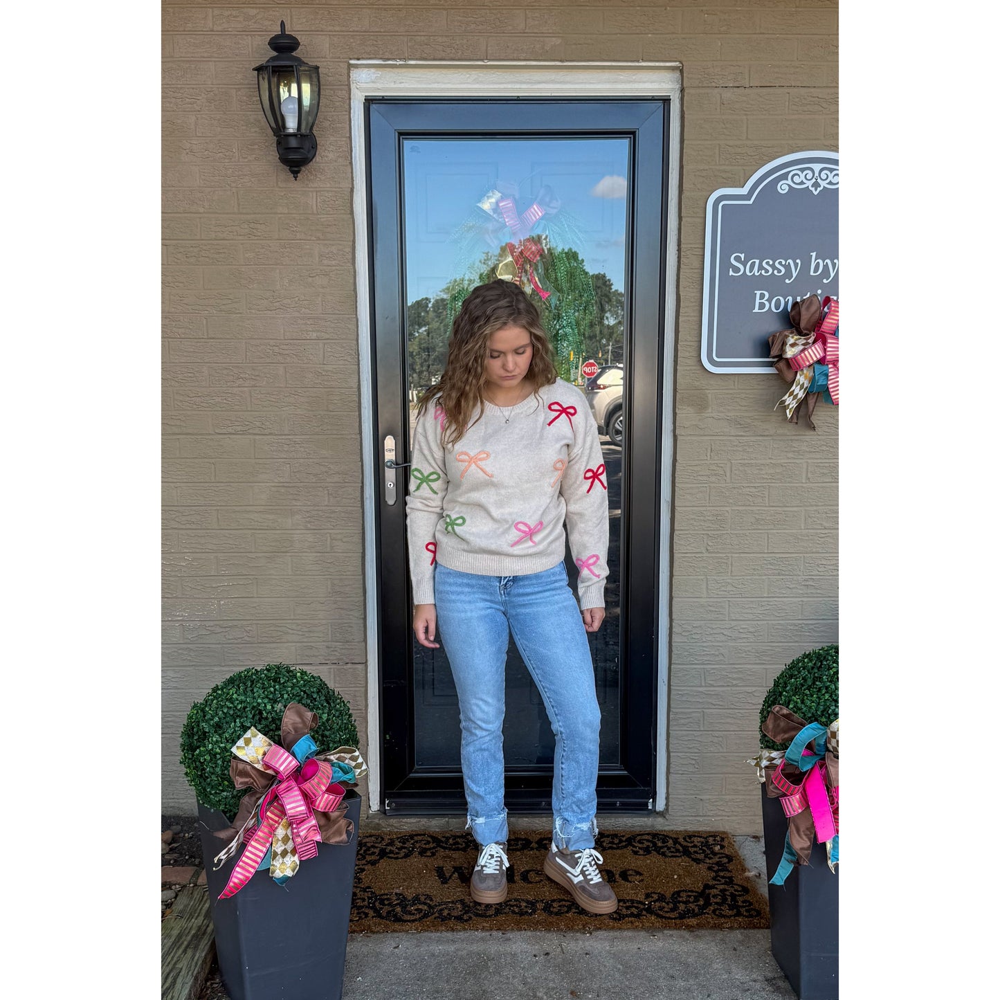 Multi-Color Bow Sweater, Taupe Multi