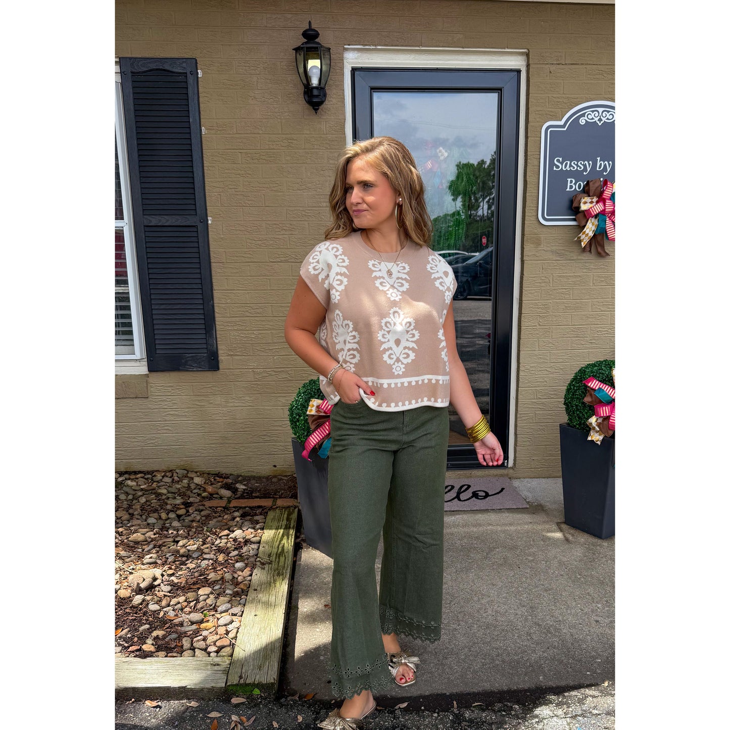Darby Pattern Knit Top, Ivory/Taupe