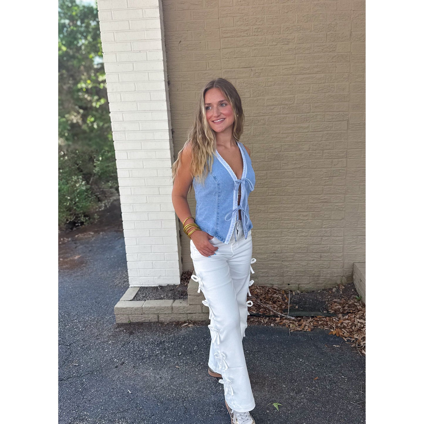 Denim Vest w/ Lace Time, Light Denim/White