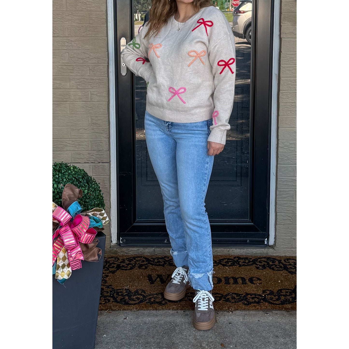 Multi-Color Bow Sweater, Taupe Multi