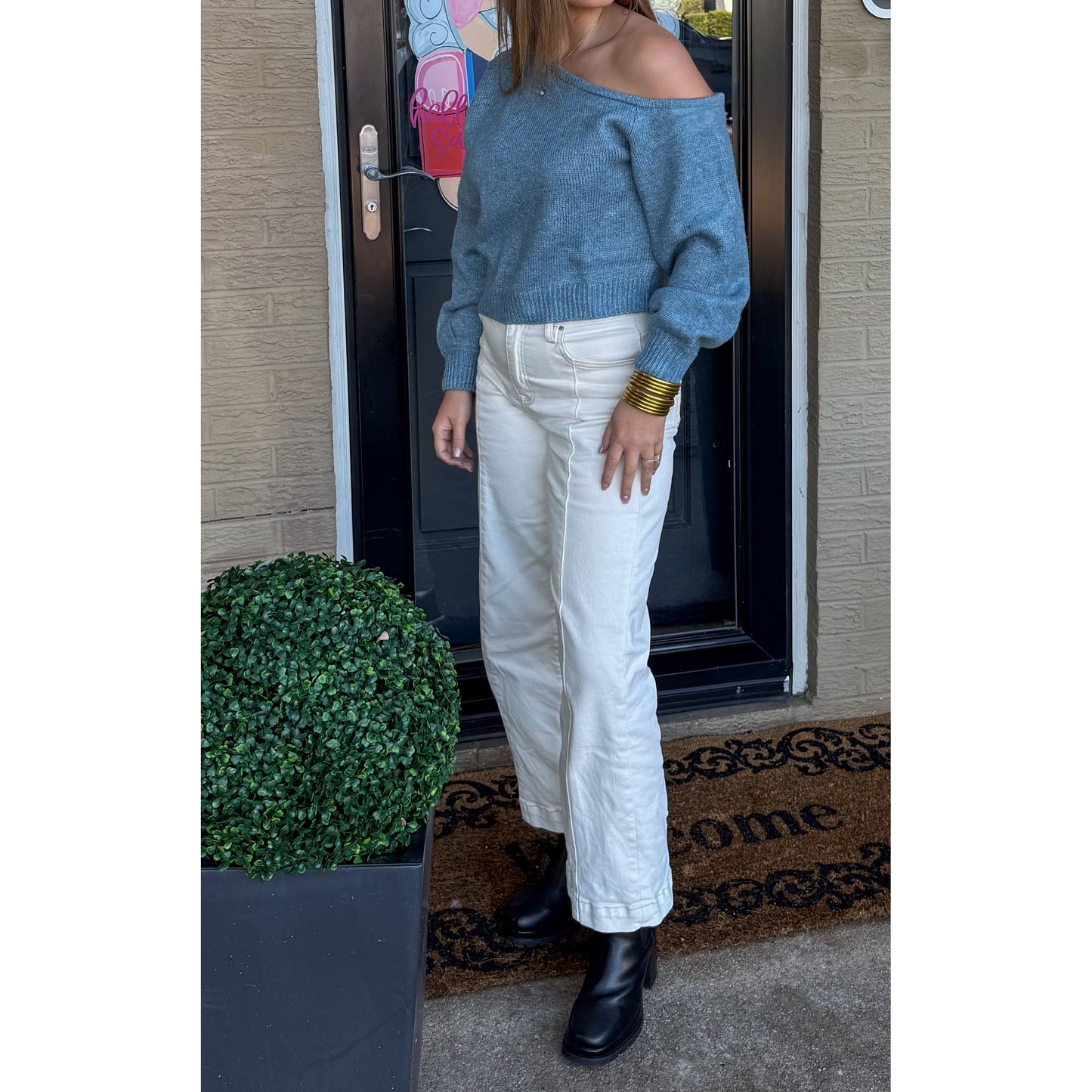 Noelle Asymmetrical Neckline Sweater, Blue