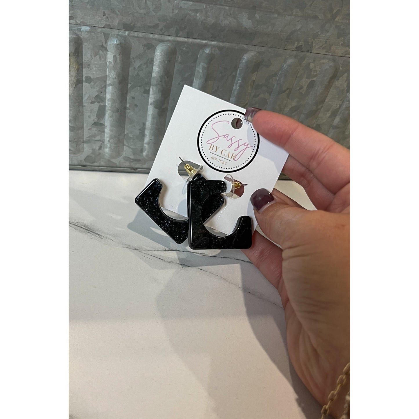 Black Glitter Square Hoops
