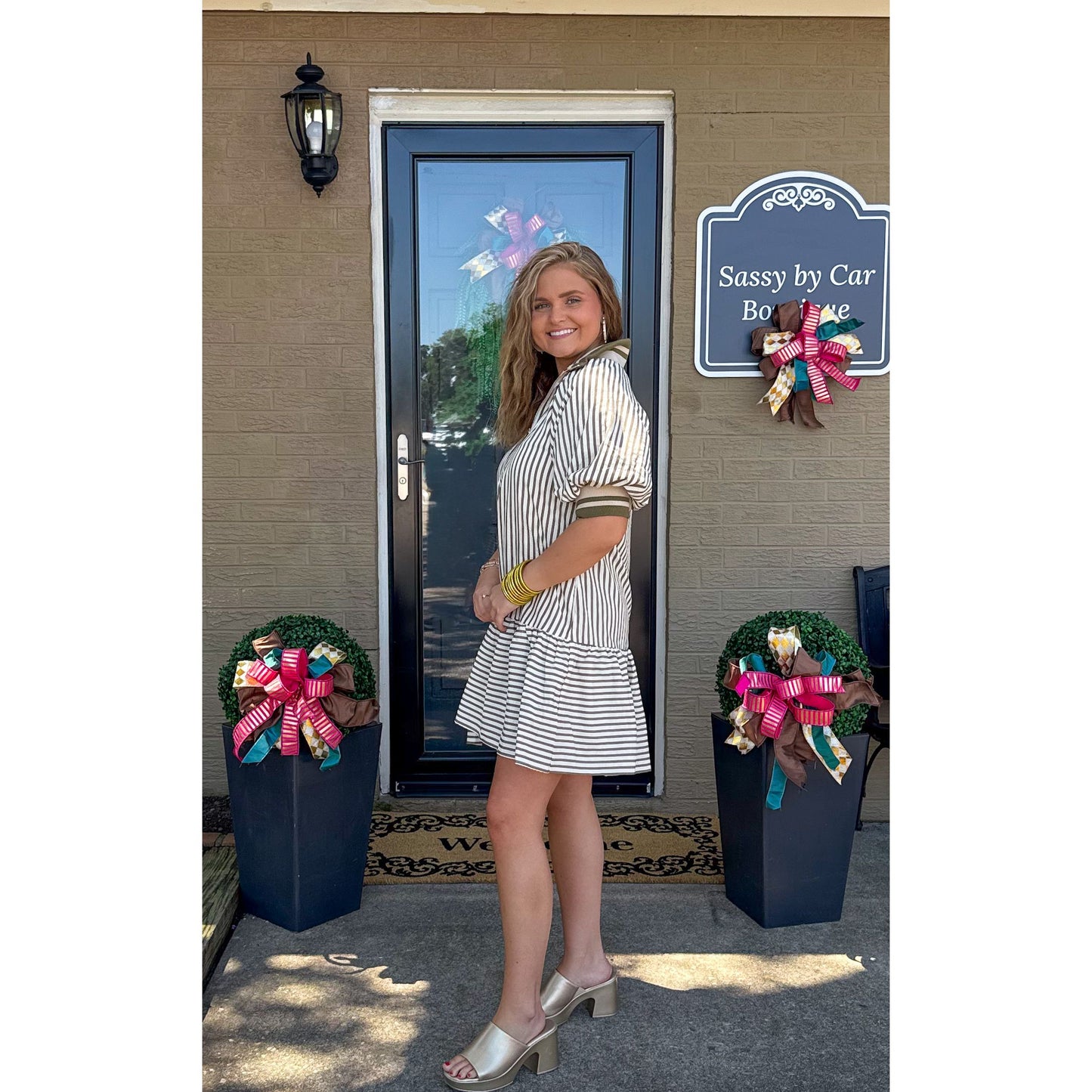 Haley Stripe Mini Dress, Cream/Olive