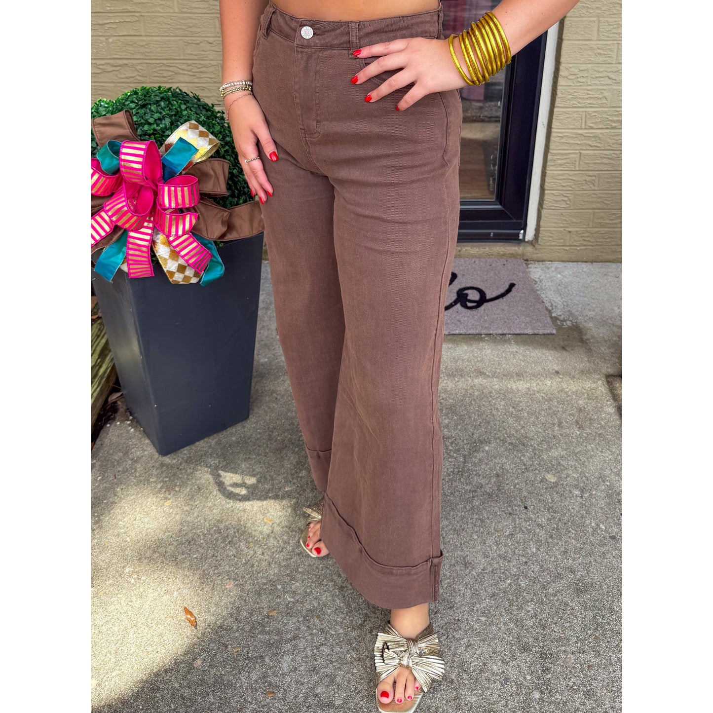 Candice Cuffed Denim Jeans, Chocolate