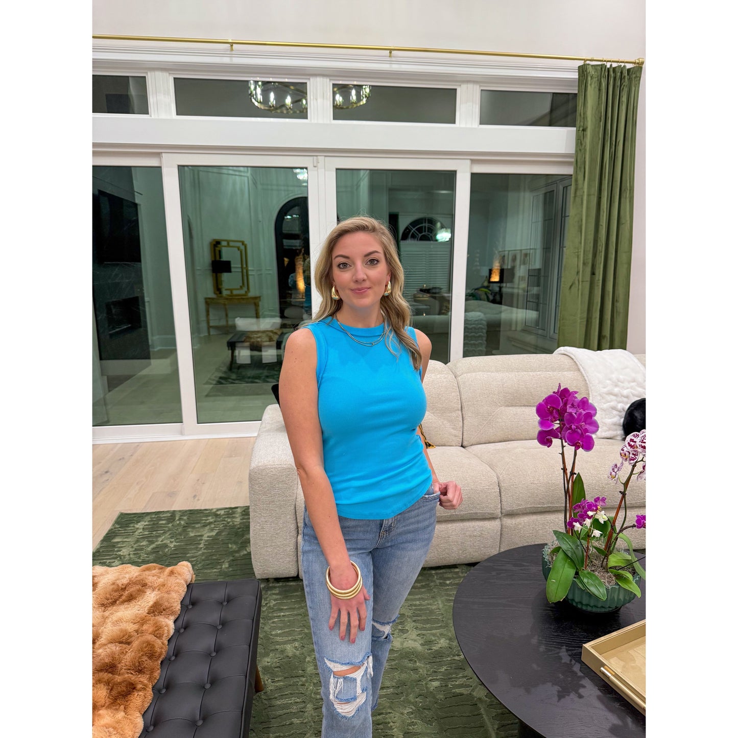 Grace Sleeveless Top, Aqua Blue