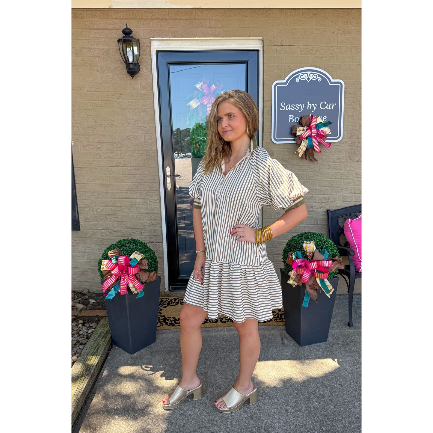 Haley Stripe Mini Dress, Cream/Olive