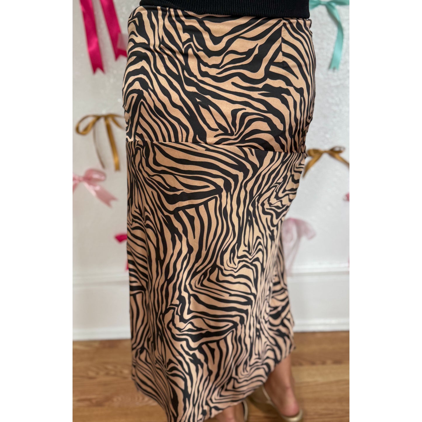 Zebra Print Midi Skirt, Taupe/Black