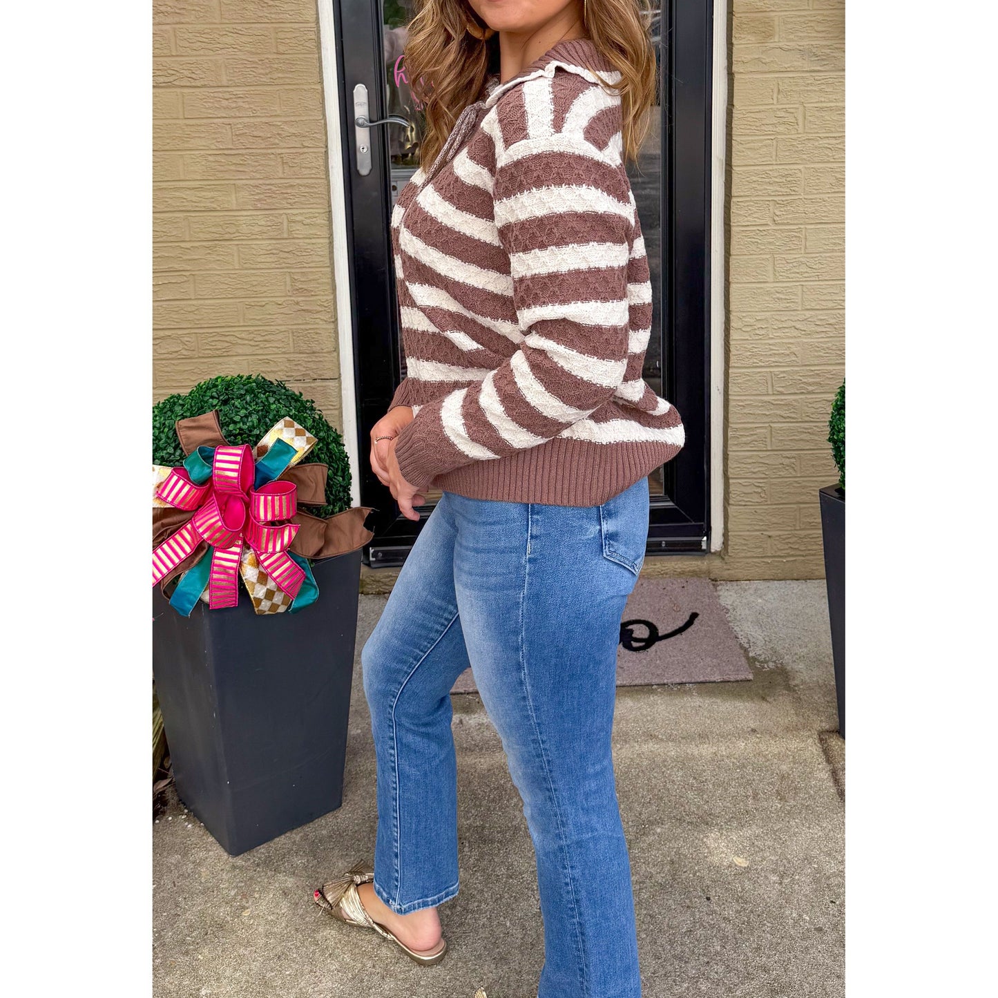 Dylan Stripe Sweater, Ivory/Mocha