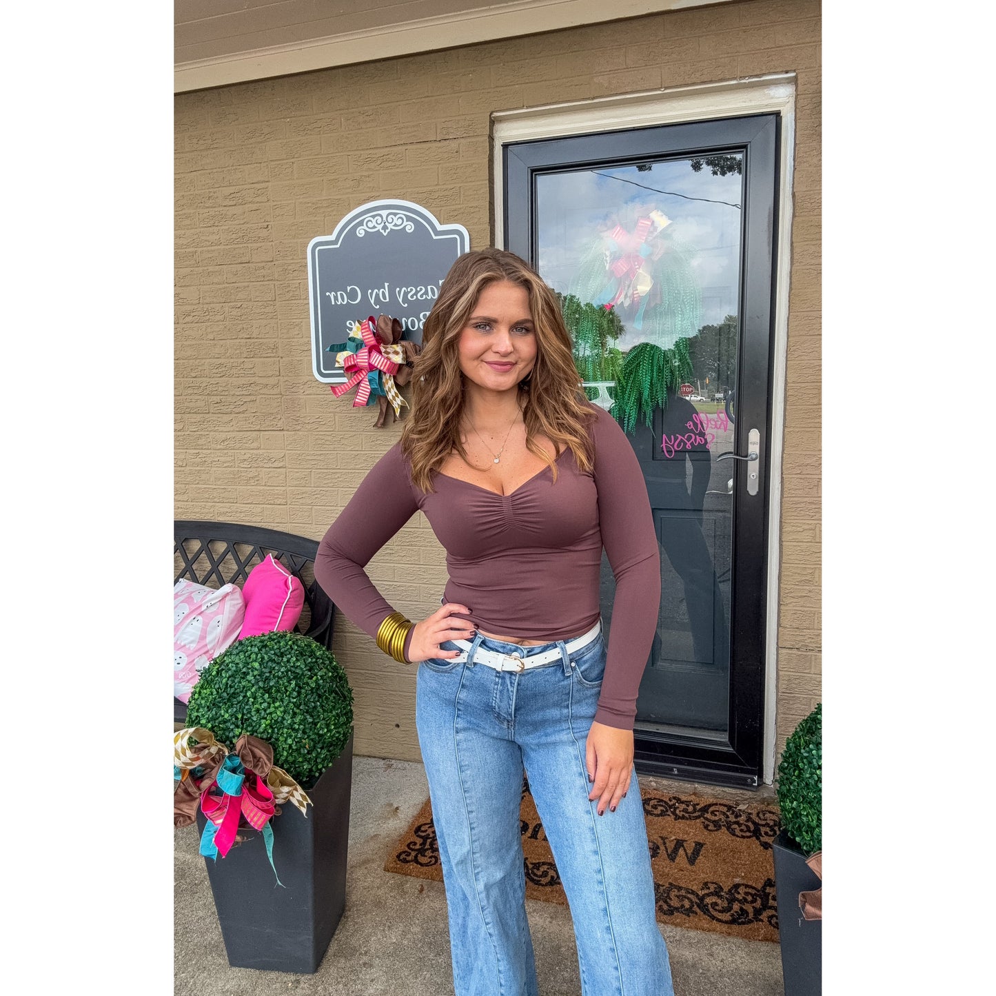 Clean Line Shirred LS Top, Mocha