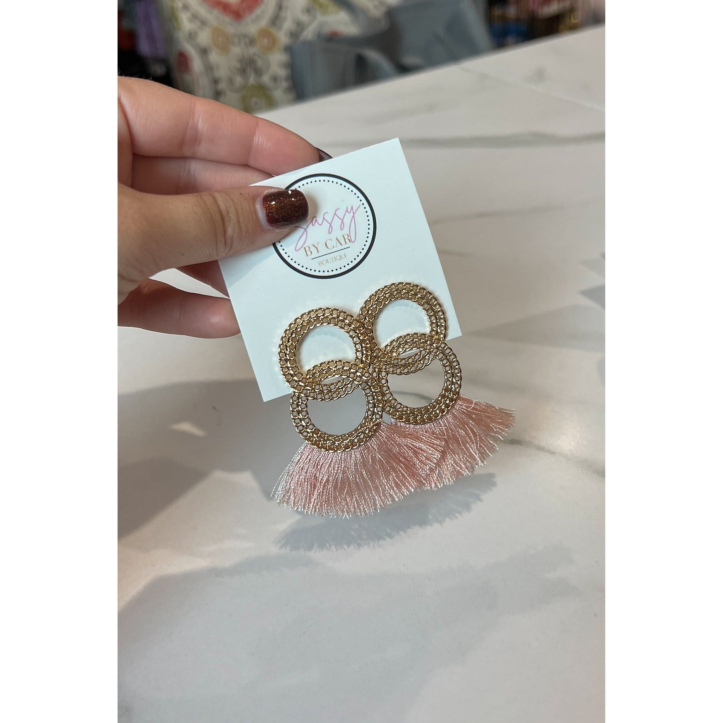 Two Gold Circle Earrings w/ Peach Fringe