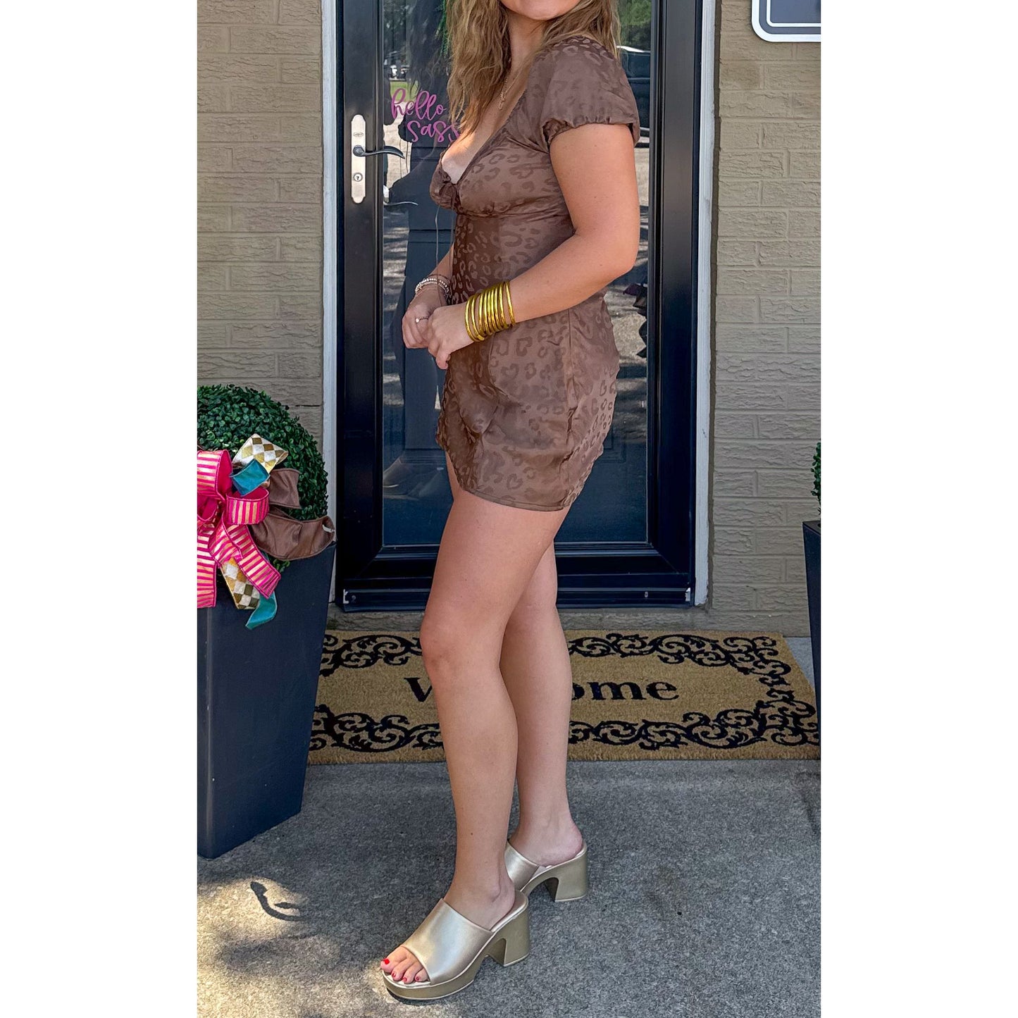 Anna Satin Cheetah Mini Dress, Mocha