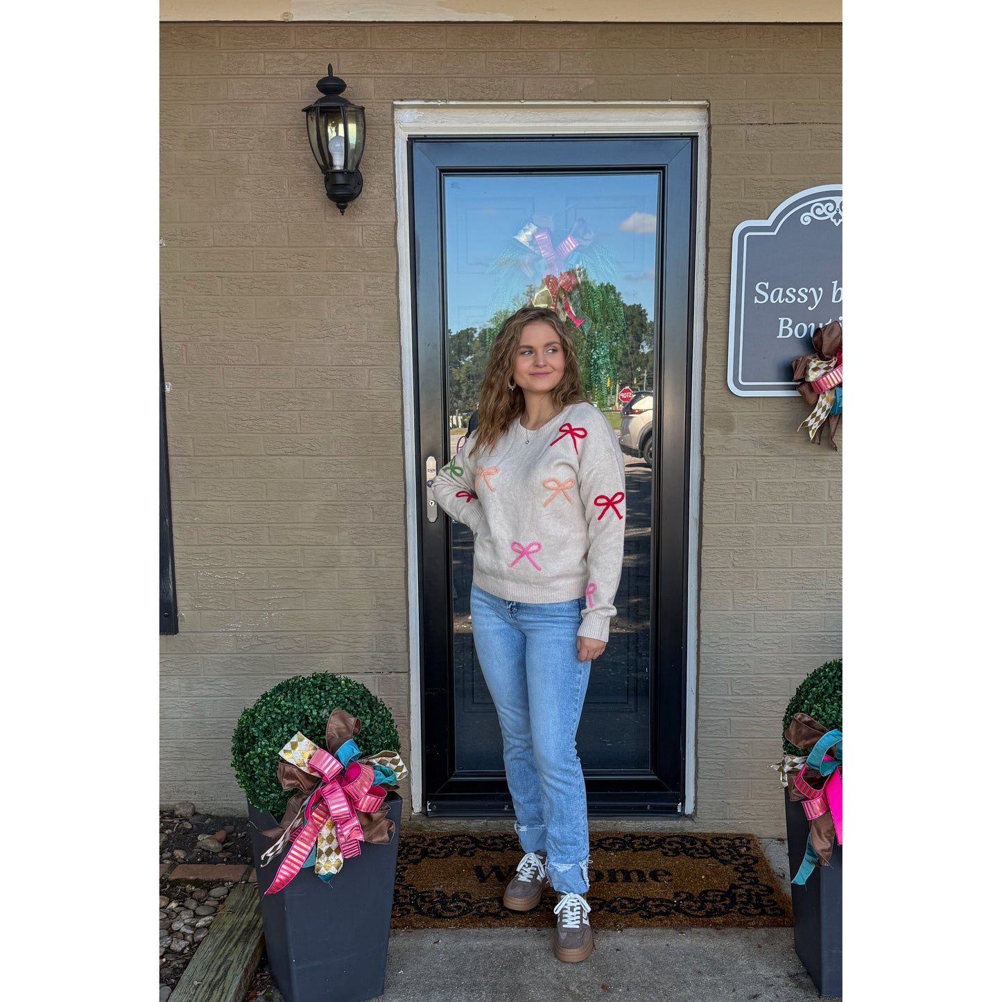Multi-Color Bow Sweater, Taupe Multi