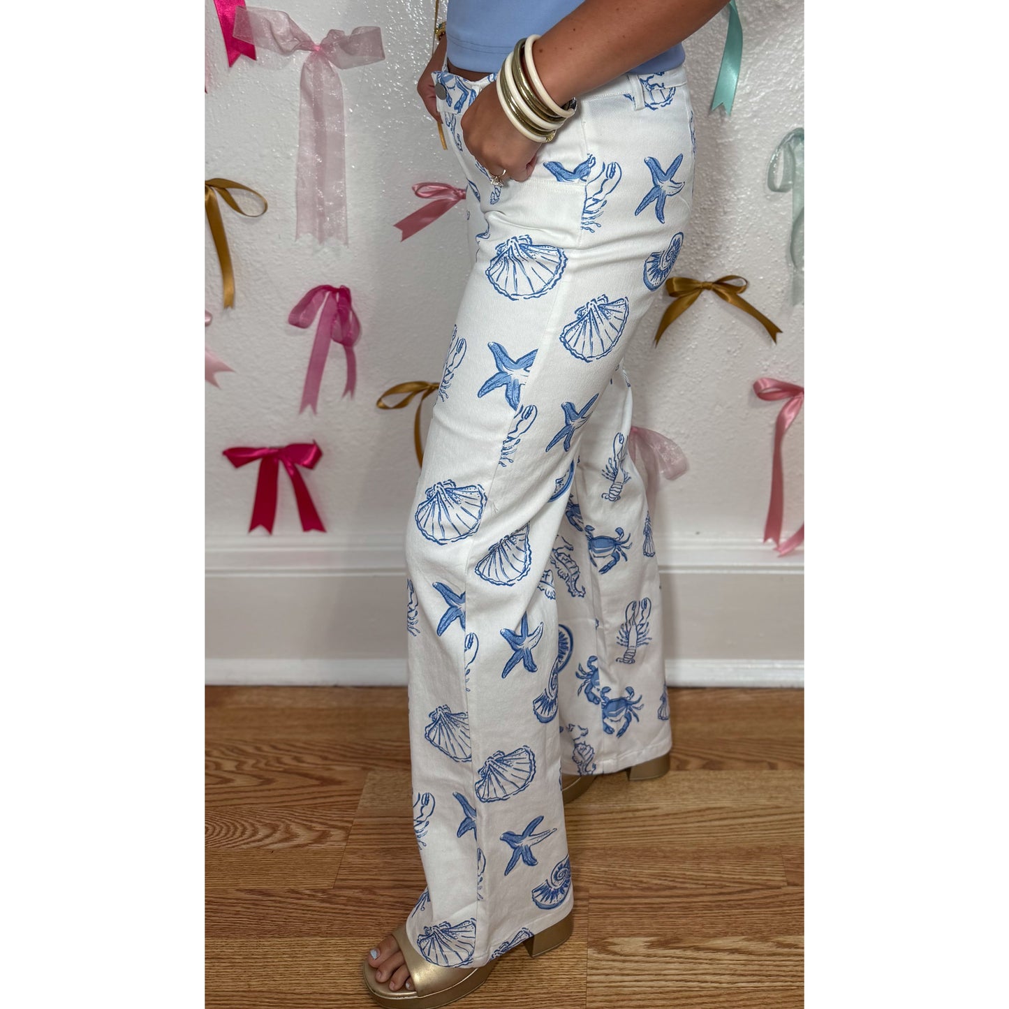 Nautical Pattern Denim Jeans, White/Blue